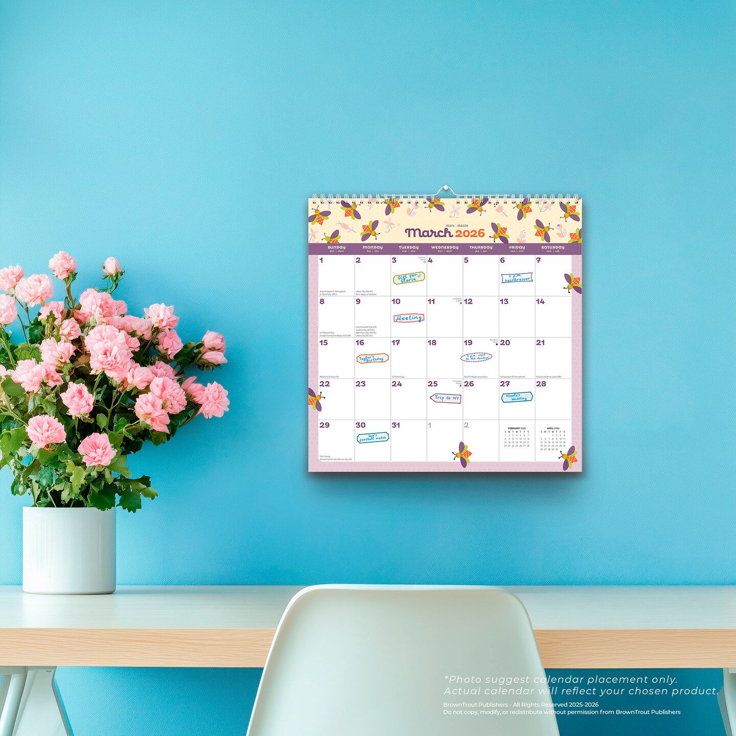 Busy Bees | 2026 12 x 12 Inch (Hanging) Monthly Square Wire-O Calendar | Sticker Sheet