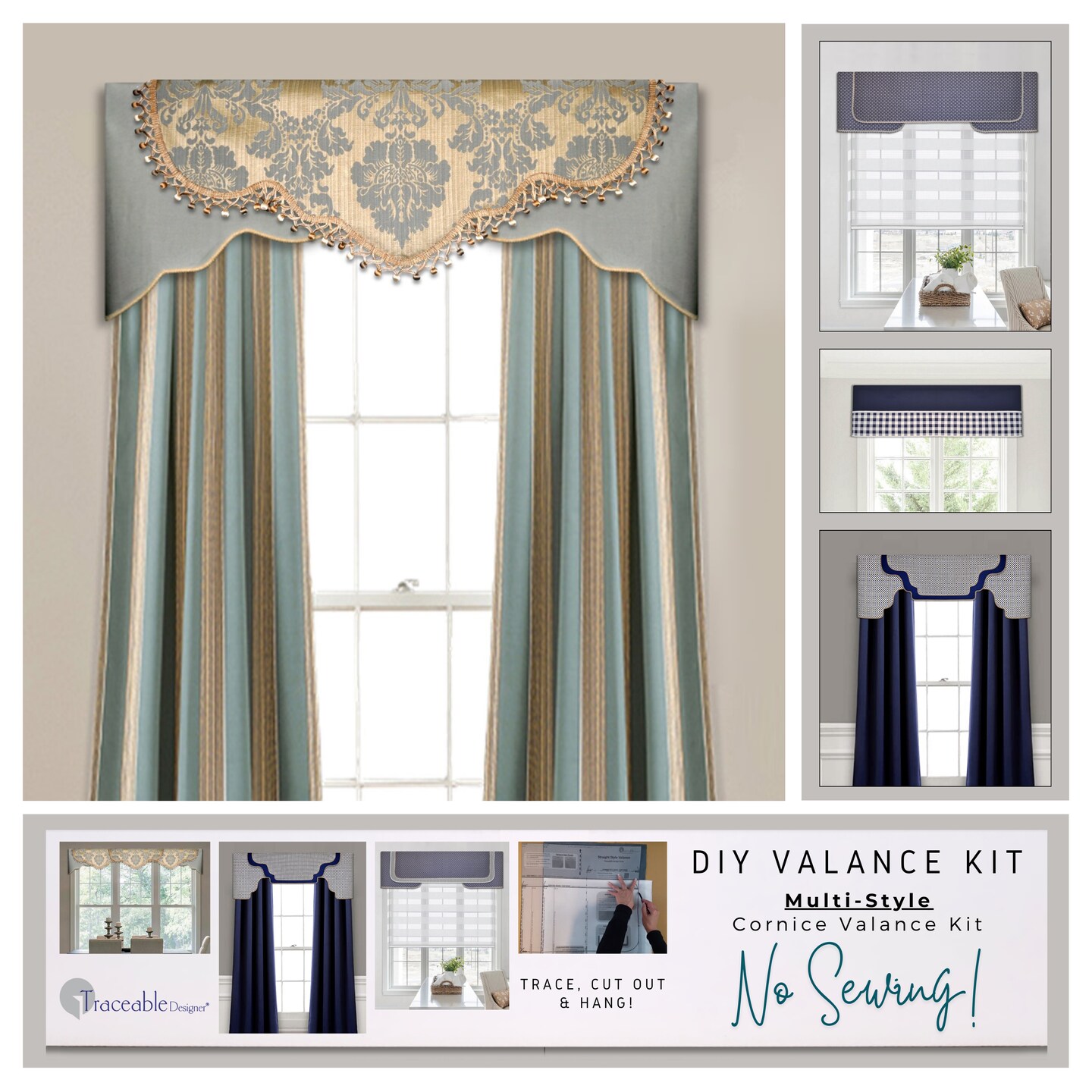 Multi-Style DIY Cornice Valance Kit, Scalloped, Arched, &#x26; Straight Styles, Reusable No-Sew Design Forms