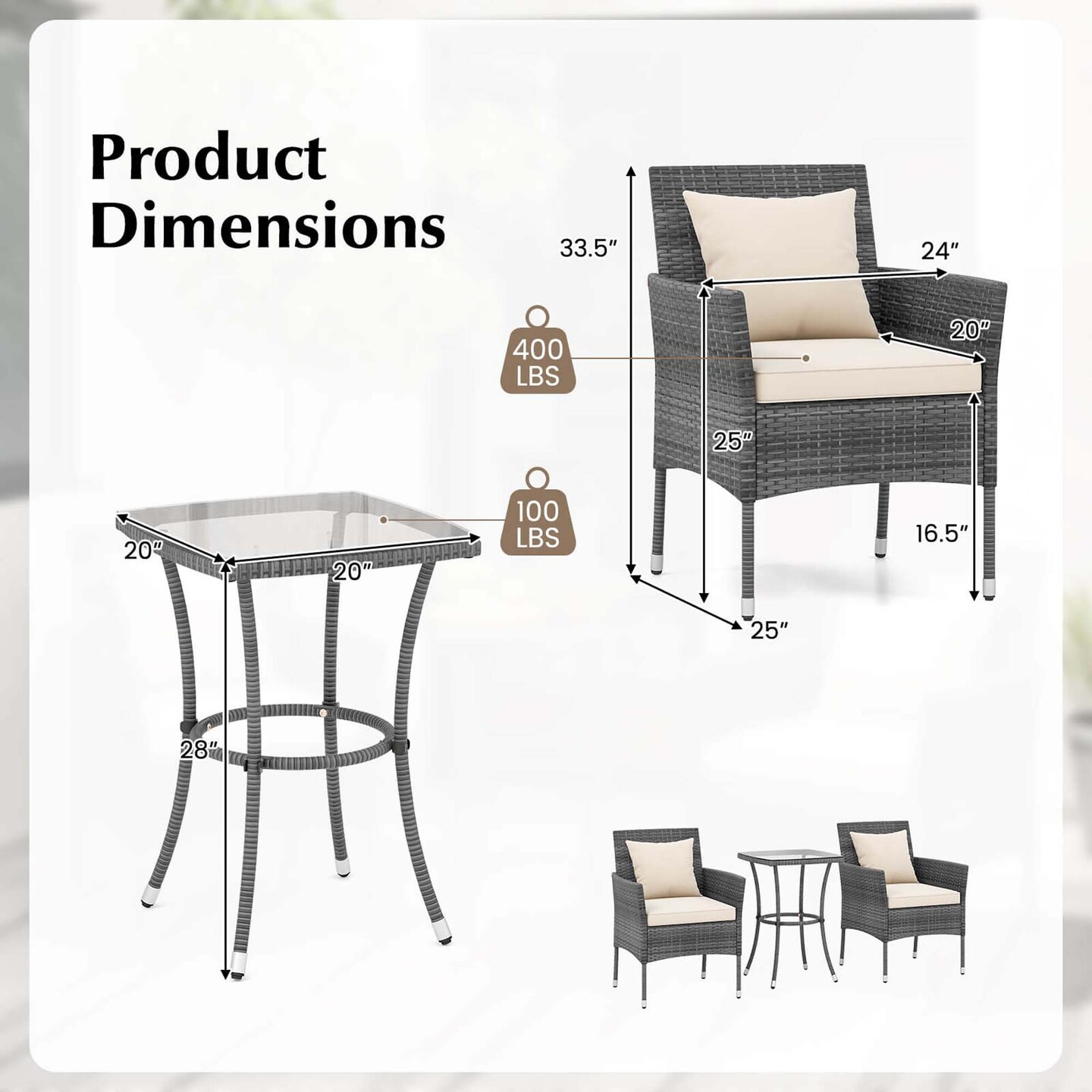 Costway 3 PCS Patio Furniture Set with Cushioned Patio Chairs & Tempered Glass Coffee Table Grey/Navy/White/Black