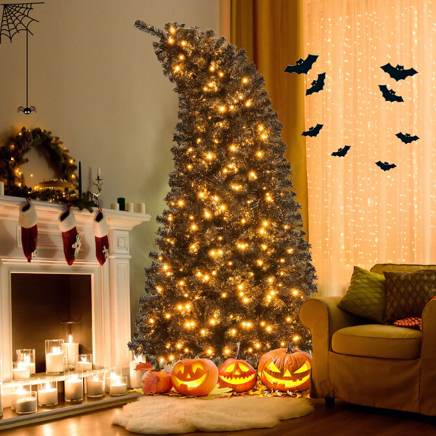 Costway 6/7 FT Artificial Halloween Christmas Tree with Bendable Top Section 726/1050 Branch Tips 260/340 Lights