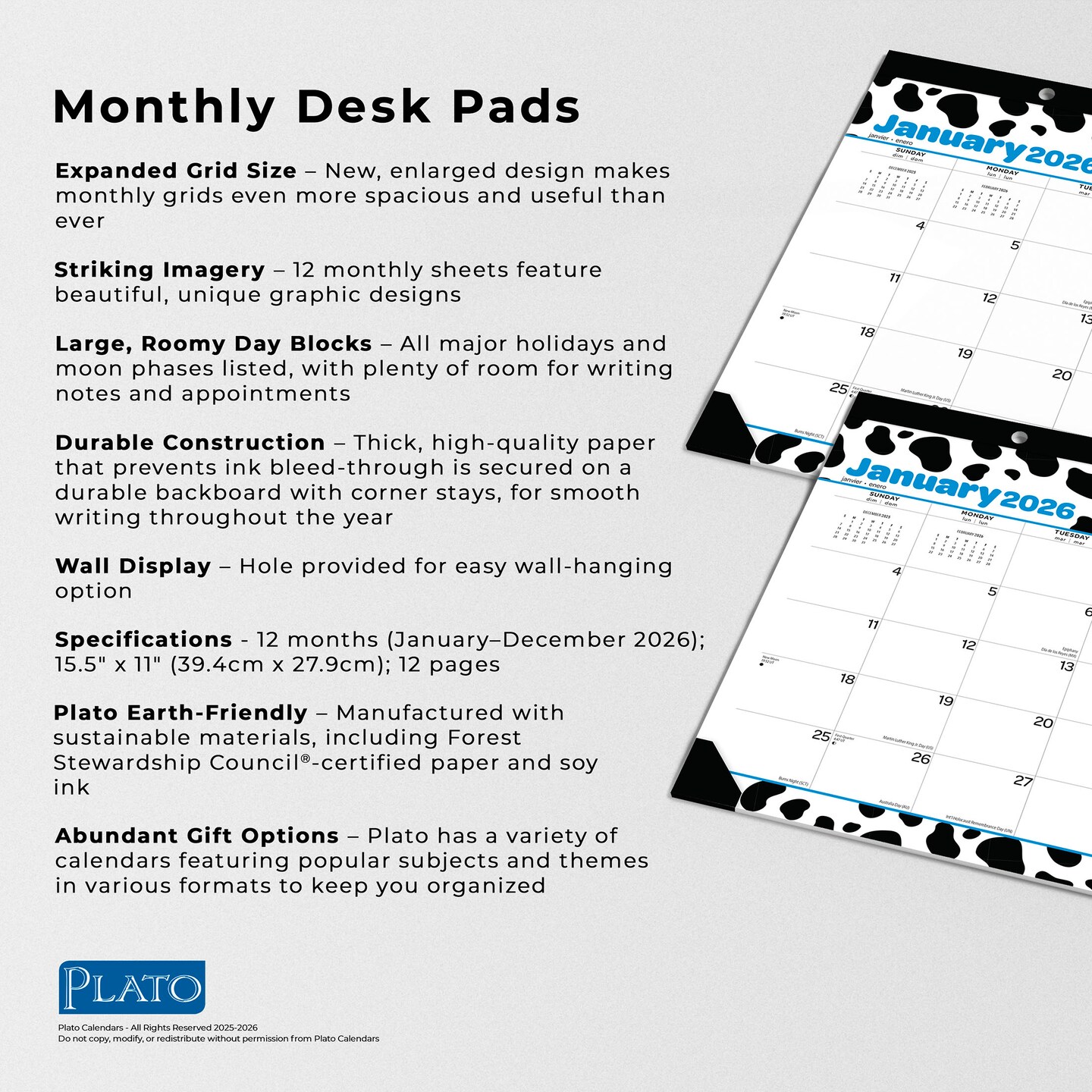 Cow Prints | 2026 15.5 x 11 Inch Monthly Desk Pad Calendar