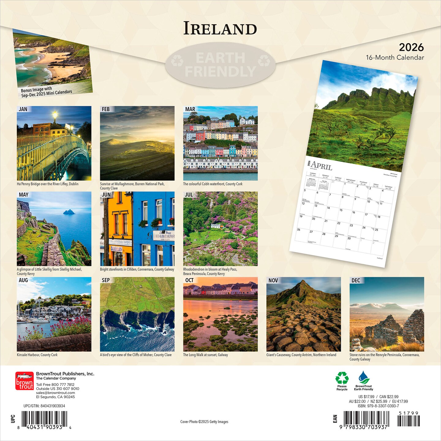 Ireland | 2026 12 x 24 Inch (Hanging) Monthly Square Wall Calendar | Plastic-Free