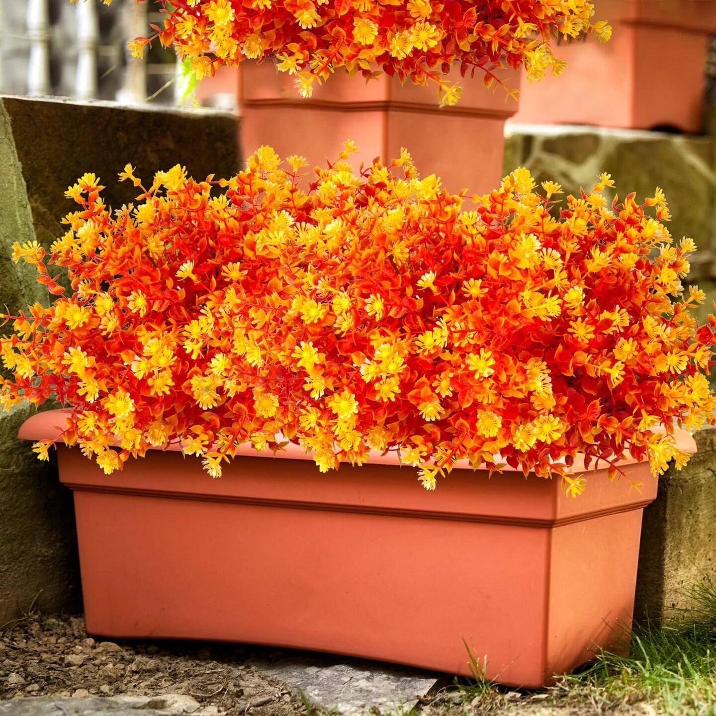 12 Bundles Artificial Fall Flowers No Fade Faux Autumn Plants, Fake Indoor Outdoor Greenery Decorations for Thanksgiving Christmas Wedding Party Home Garden Fireplace Décor (Fall Orange)