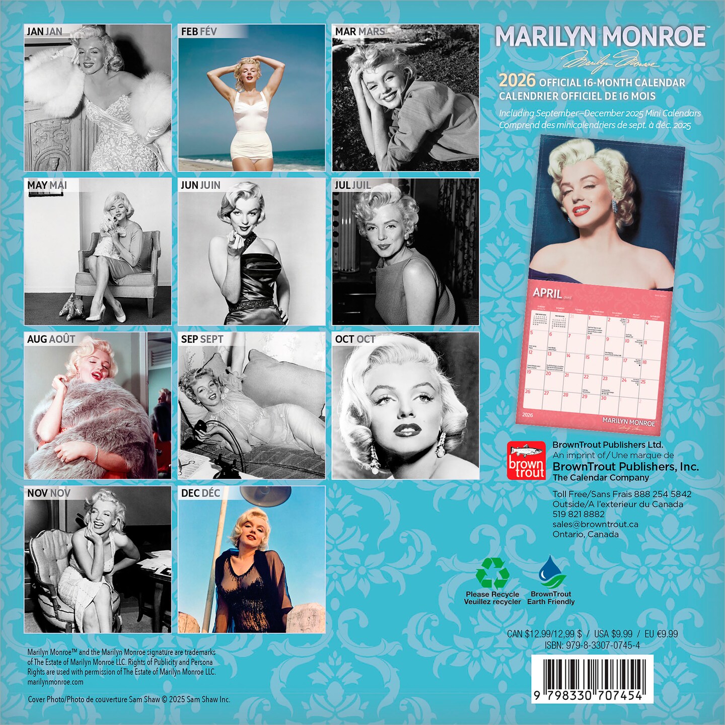 Marilyn Monroe OFFICIAL | 2026 7 x 14 Inch (Hanging) Monthly Mini Wall Calendar | English/French Bilingual