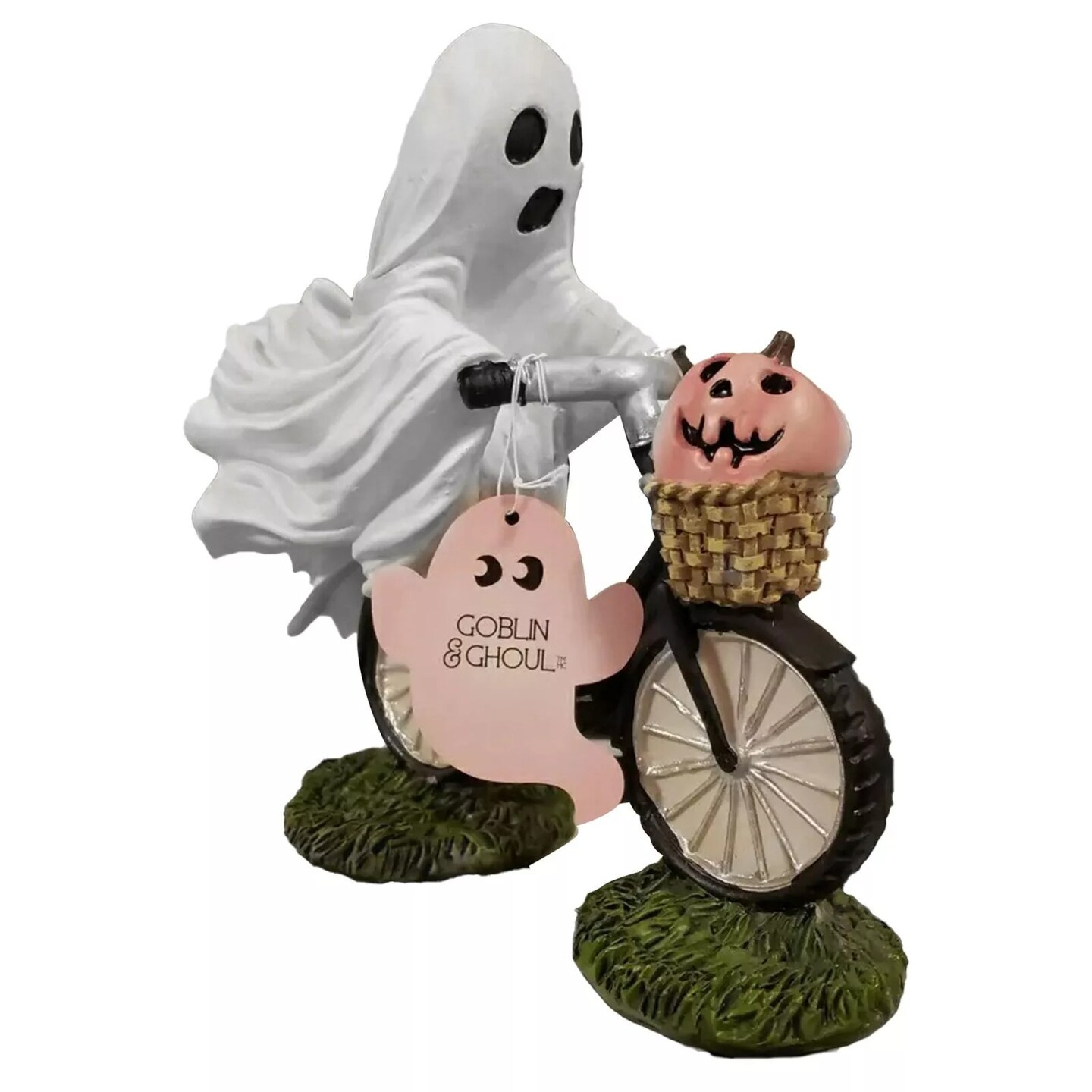 Ghoul Ghost-Riding a Bike w/ Pink Pumpkin Cute Halloween Decor Viral 15 CM