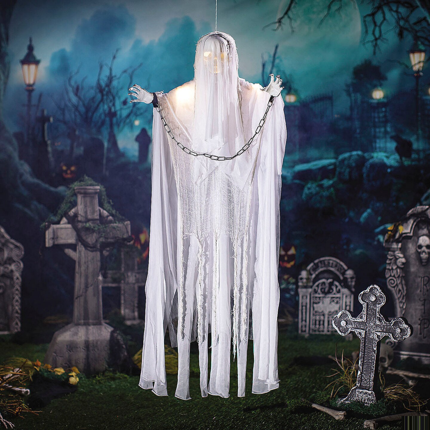 Animated White Grim Reaper with Lights &#x26; Sound 5 Ft.