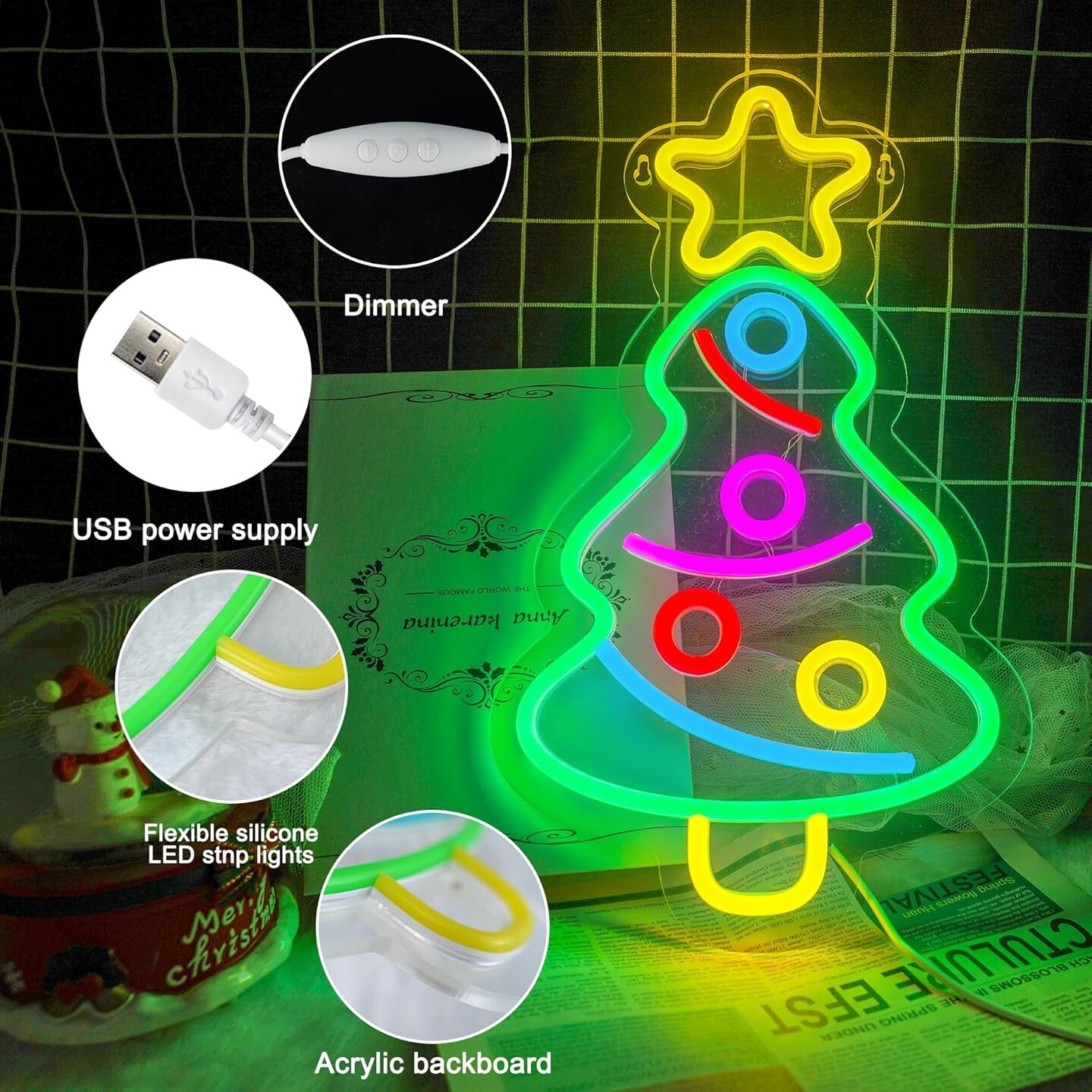 Christmas Tree Neon Sign, Xmas Trees LED Neon Lights Signs, Colorful Festival USB Powered Christmas Neon Sign with Switch for Home Wall Decor, Bedroom, Party, Shop Christmas Decorations