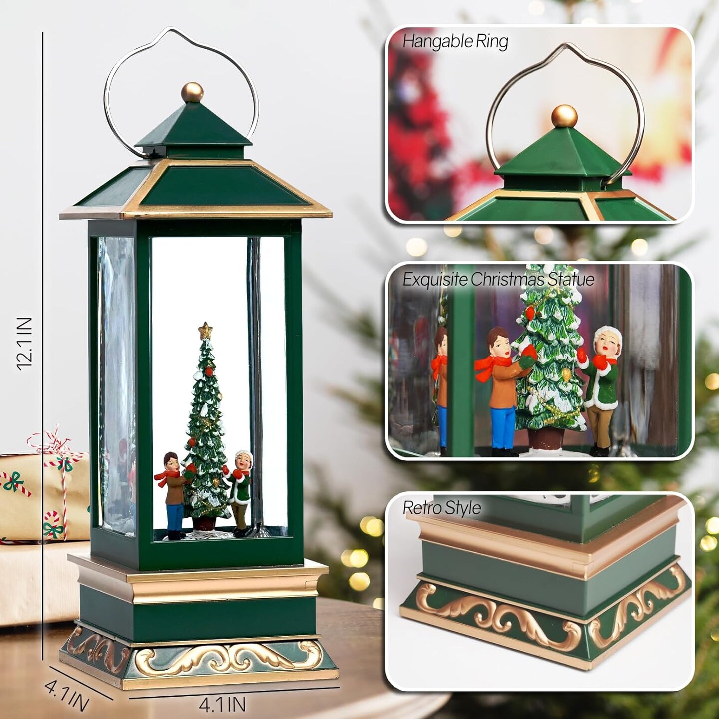 12&#x22; Christmas Snow Globe Lantern with Christmas Tree - Water Swirling Glitter LED Light Lantern with Music - Vintage Xmas Gifts - USB Plug or Battery Operated Home Decor (Christmas Tree)