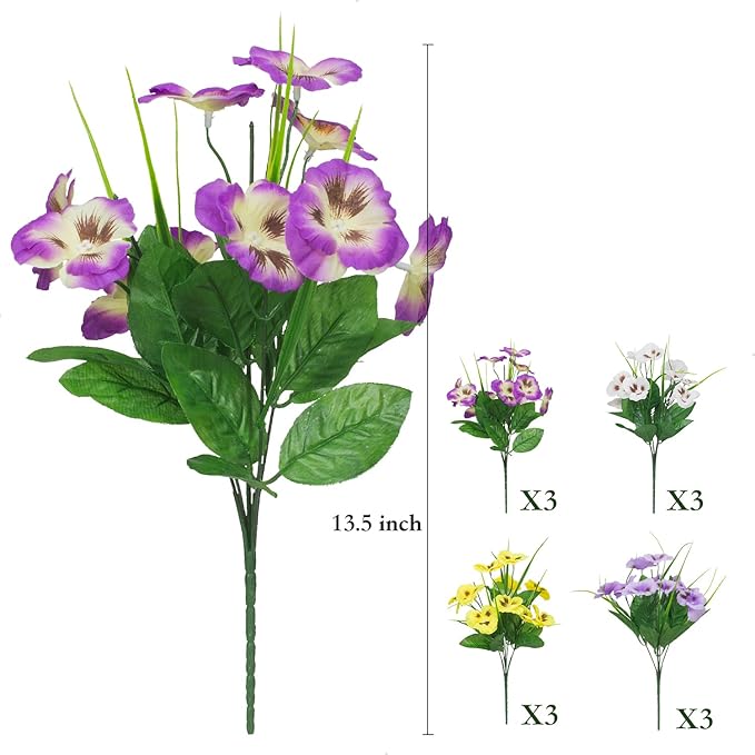 12 Bundles Artificial Pansy Flowers Indoor Outdoor Decor Mixed Color Silk Flowers for Window Box Porch Home Garden Wedding Farmhouse Decor