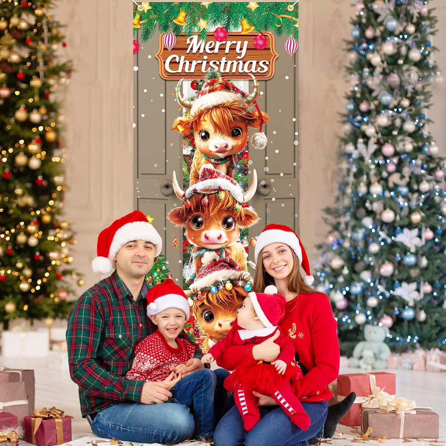 Christmas Door Cover Decorations, Cute Xmas Front Door Highland Cow Banner Covering, Fabric Christmas Door Hanging Banner Decor Indoor Outdoor Xmas Party Supplies Decorations 72.8x35.4 Inch