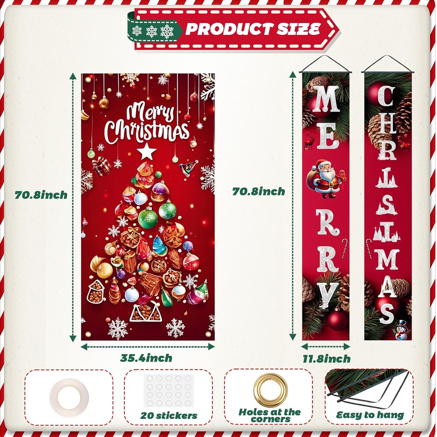 3Pcs Christmas Tree Door Cover and Christmas Door Banners Set, Santa Claus Merry Christmas Door Decorations
