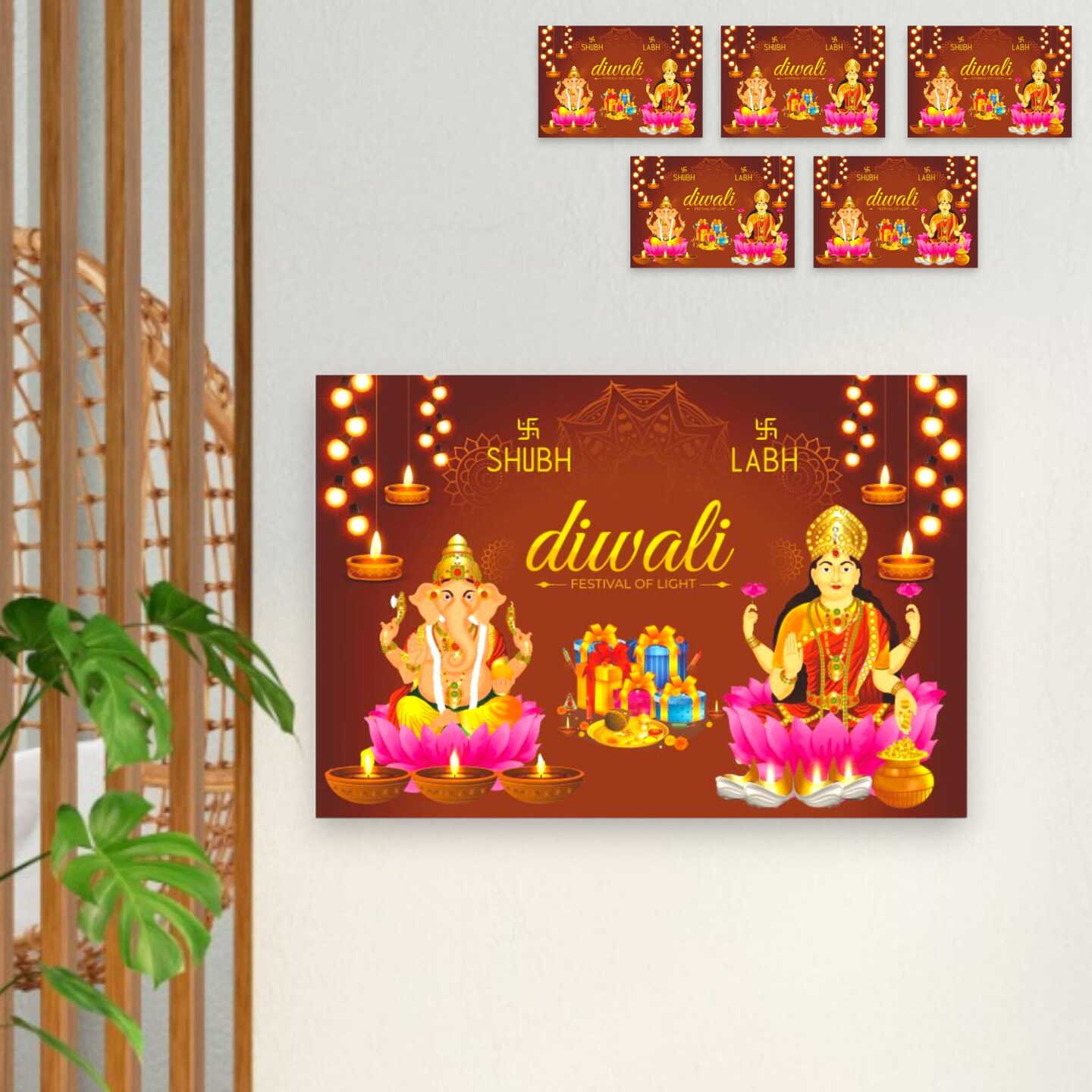 Hindu Goddess God Lakshmi Ganesha Poster Shubh Diwali Pooja Banner Wall Decorations Religious Photo Wall Art Home Room Mandir Temple Office Decor Unframed 12 x 17 Inches