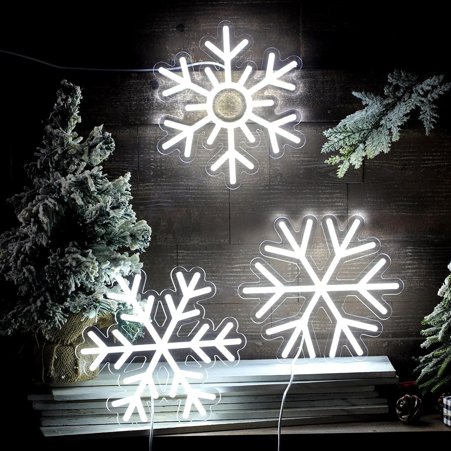 3 Pcs Christmas Neon Sign White Snowflake Neon Sign Christmas Window Decorations Light up Room Sign LED Neon Sign Light USB Wall Bar Living Room Decor for Winter Party Home Bedroom Office Art