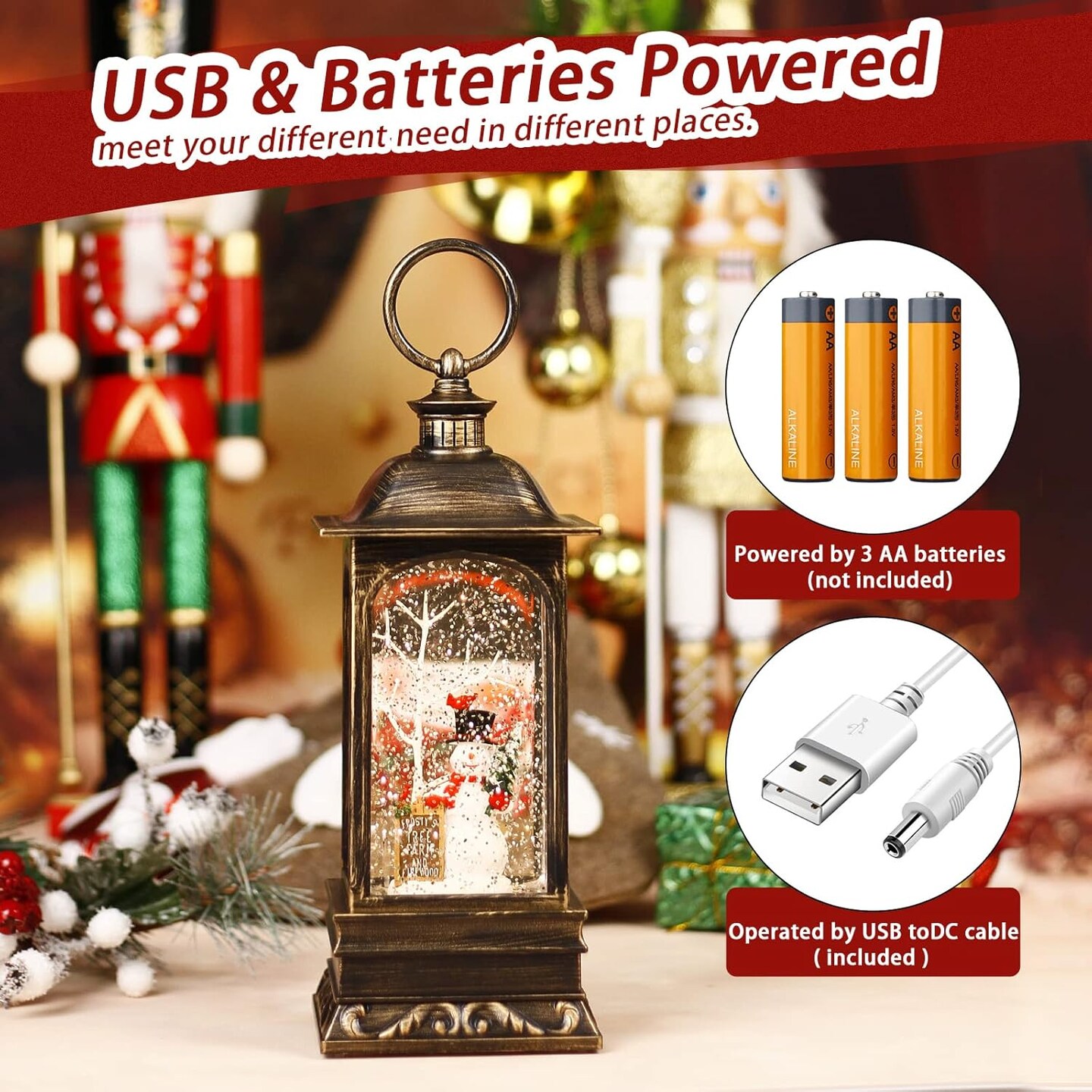 Christmas Decorations Musical Snow Globe Lantern, Glittering Lighted Plug-in, 3 AA Battery Operated &#x26; USB Powered, Cardinal Bird and Snowman