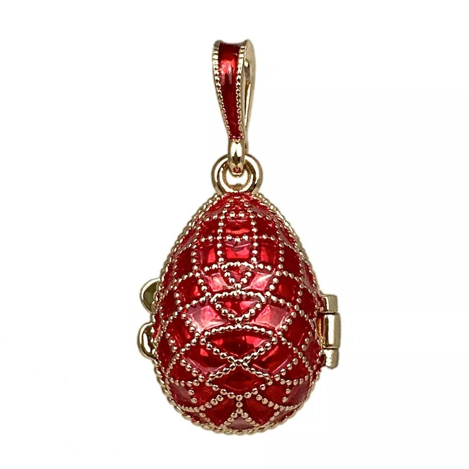 CHRISTMAS TREE Faberge Egg Style Locket Pendant, Red, Enameled