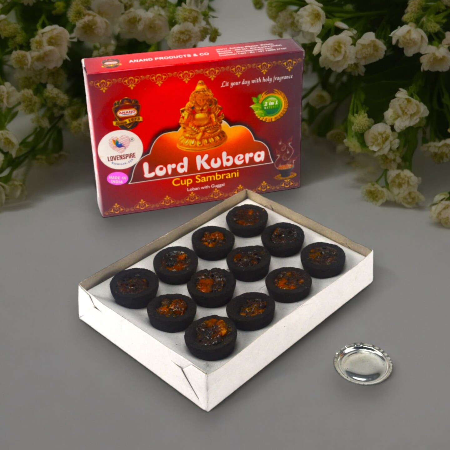Sambrani Dhoop Cup with Burner Plate Guggal Loban Incense Black Long Lasting Aroma for Prayer Puja Meditation Spiritual Events Dhoopam for Havan Rituals - Natural Fragrance (12 Cups)