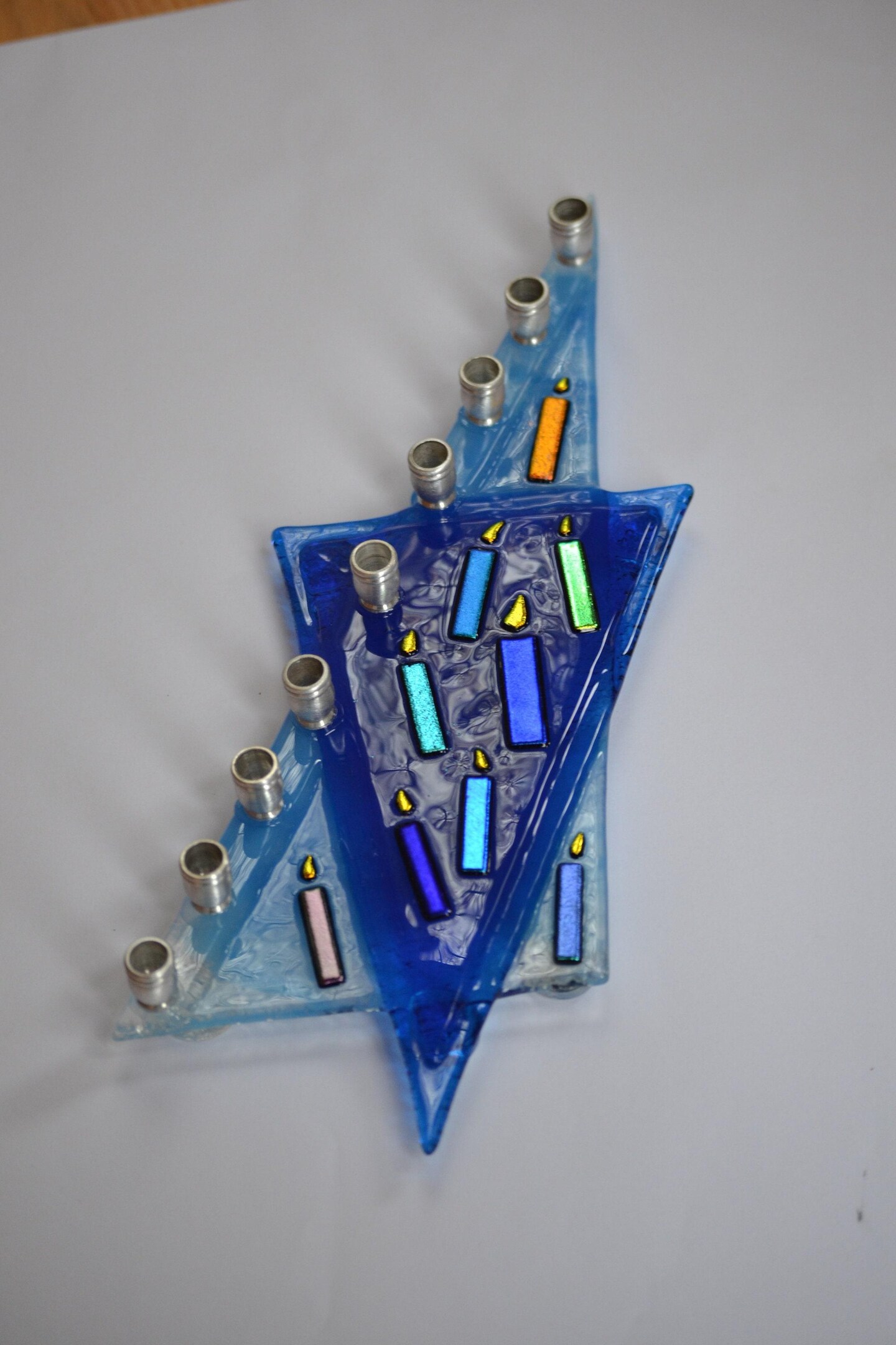 Blue Star of David glass fused menorah, kosher menorah, Jewish art wedding gift, Hanukkah gift, fun menorah by Yafitglass