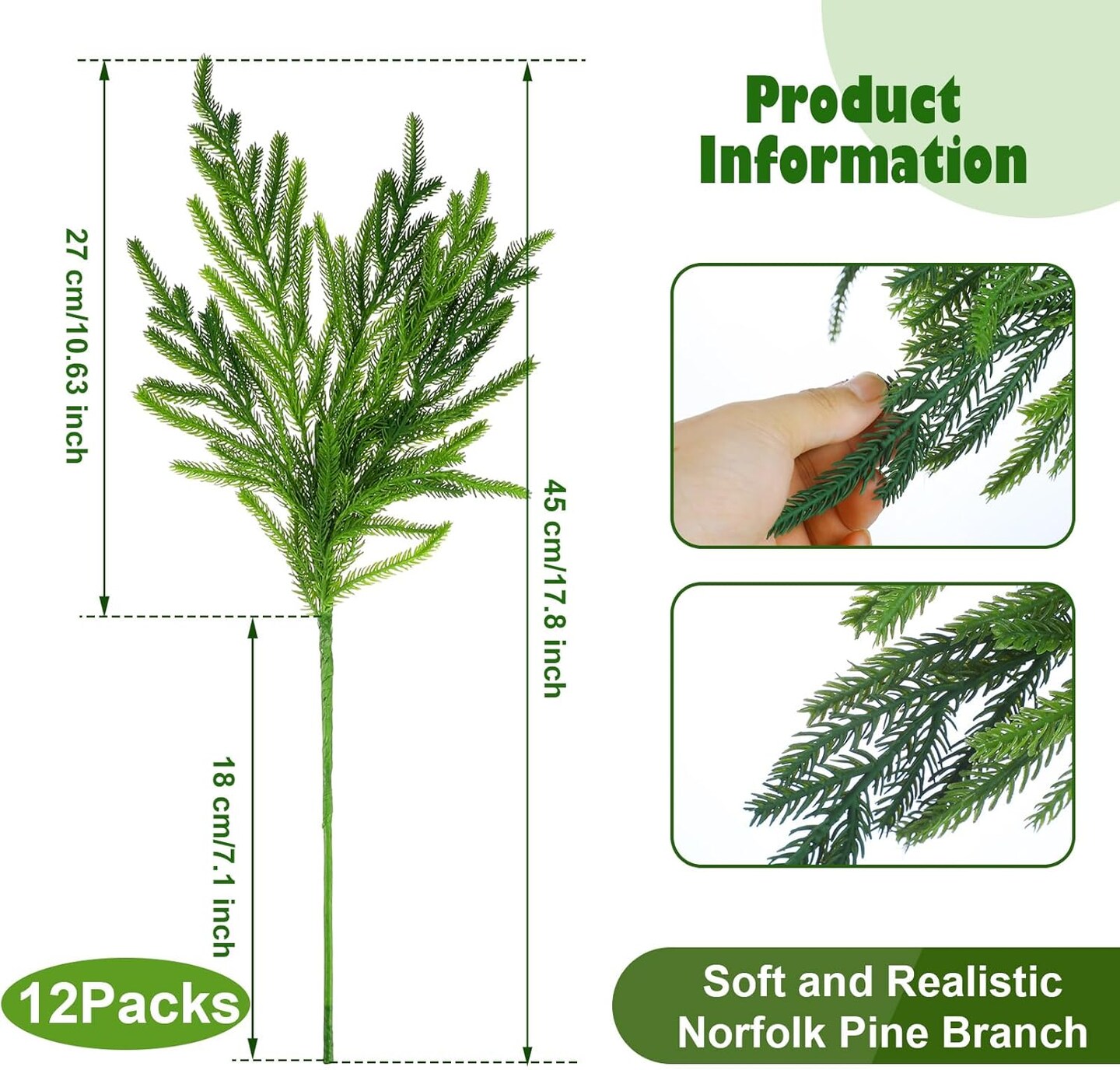 12 Pcs Christmas Norfolk Pine Branches, Norfolk Pine Artificial Christmas Branches DIY Crafts Faux Christmas Norfolk Pine Branches for Xmas Indoor Outdoor Home Decor (18 Inches)