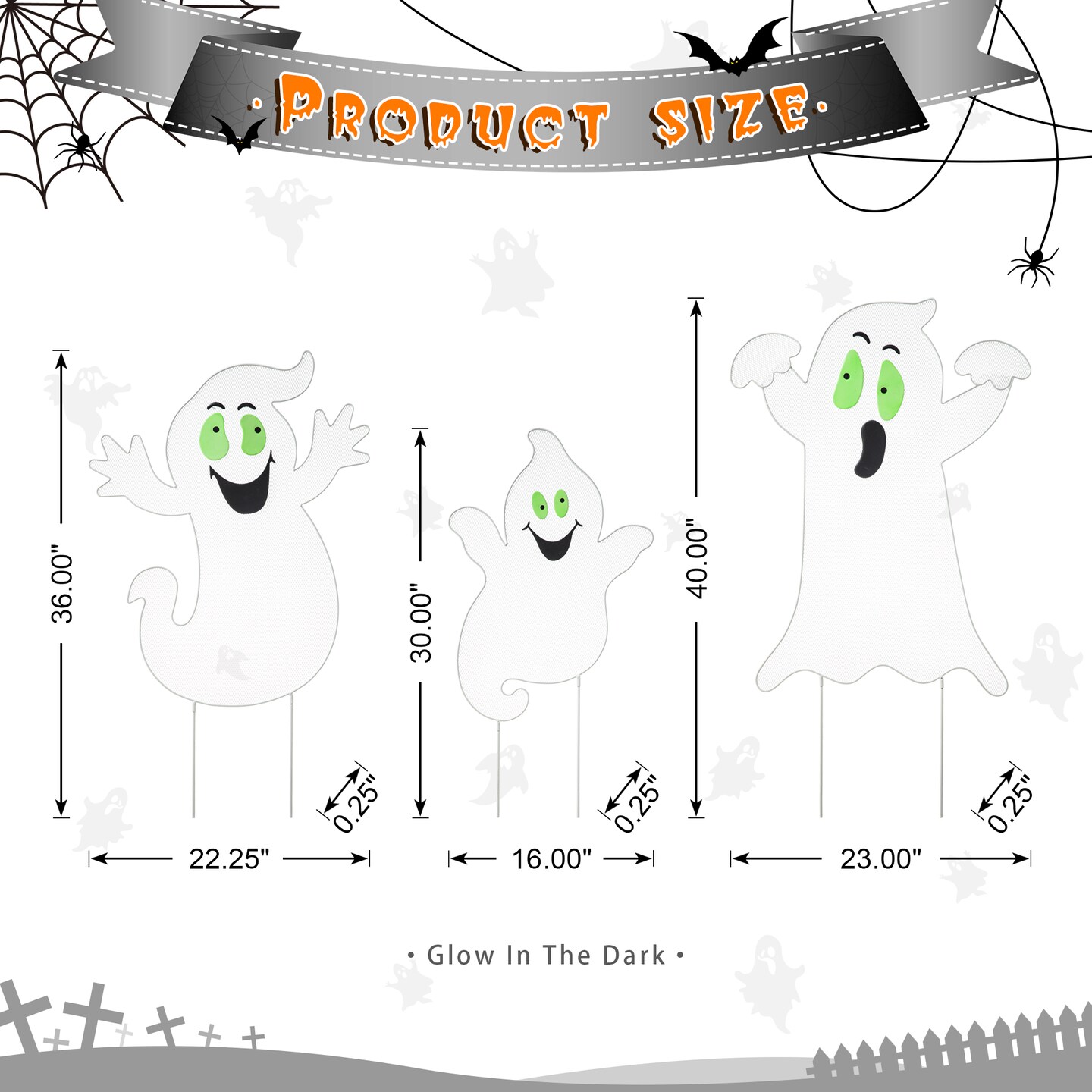 40&#x22;H Set of 3 Halloween Metal Mesh Glow in Dark Ghost Family Yard Stake