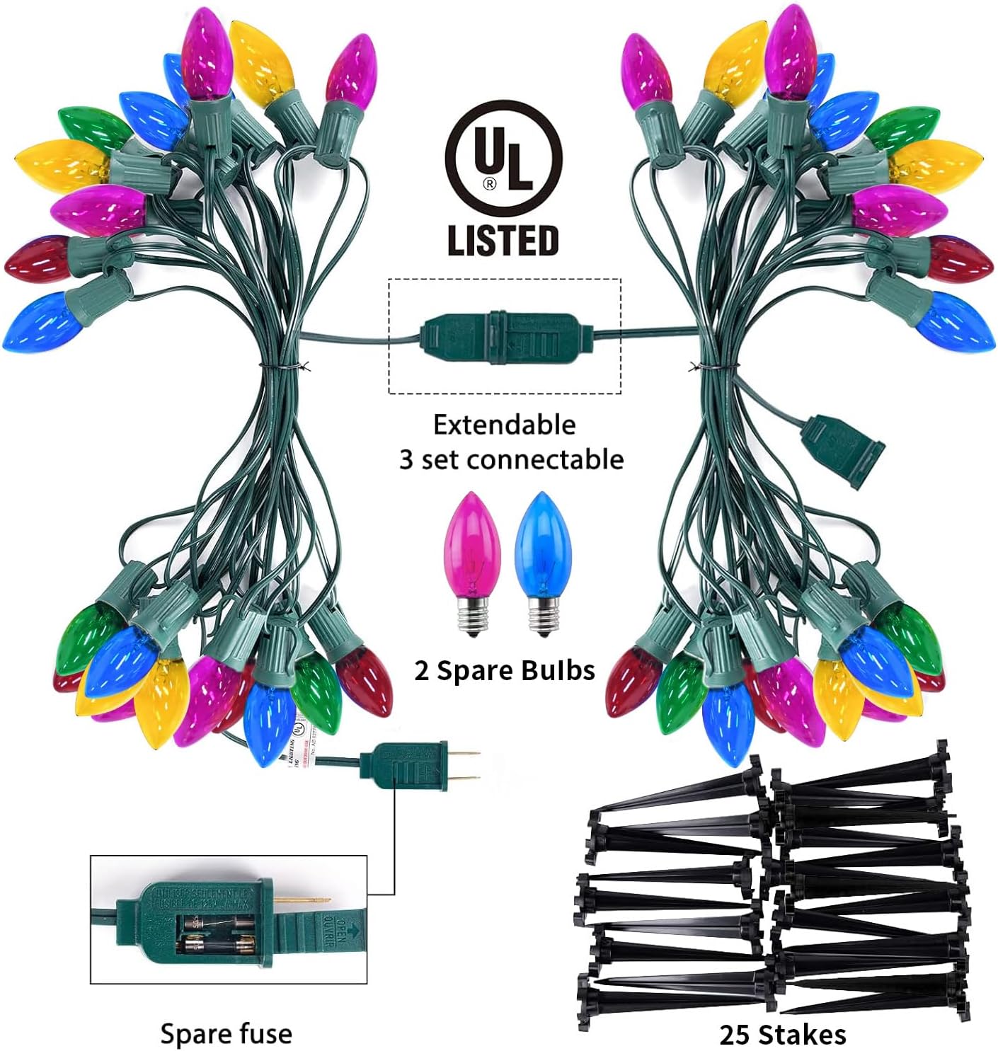 38 Feet Christmas Pathway Lights Christmas Decorations Outdoor Yard, C9 25 Walkway Lights with 25 Marker Stakes, Waterproof Connectable C9 String Lights for Driveway Yard Outdoor Christmas Decorations