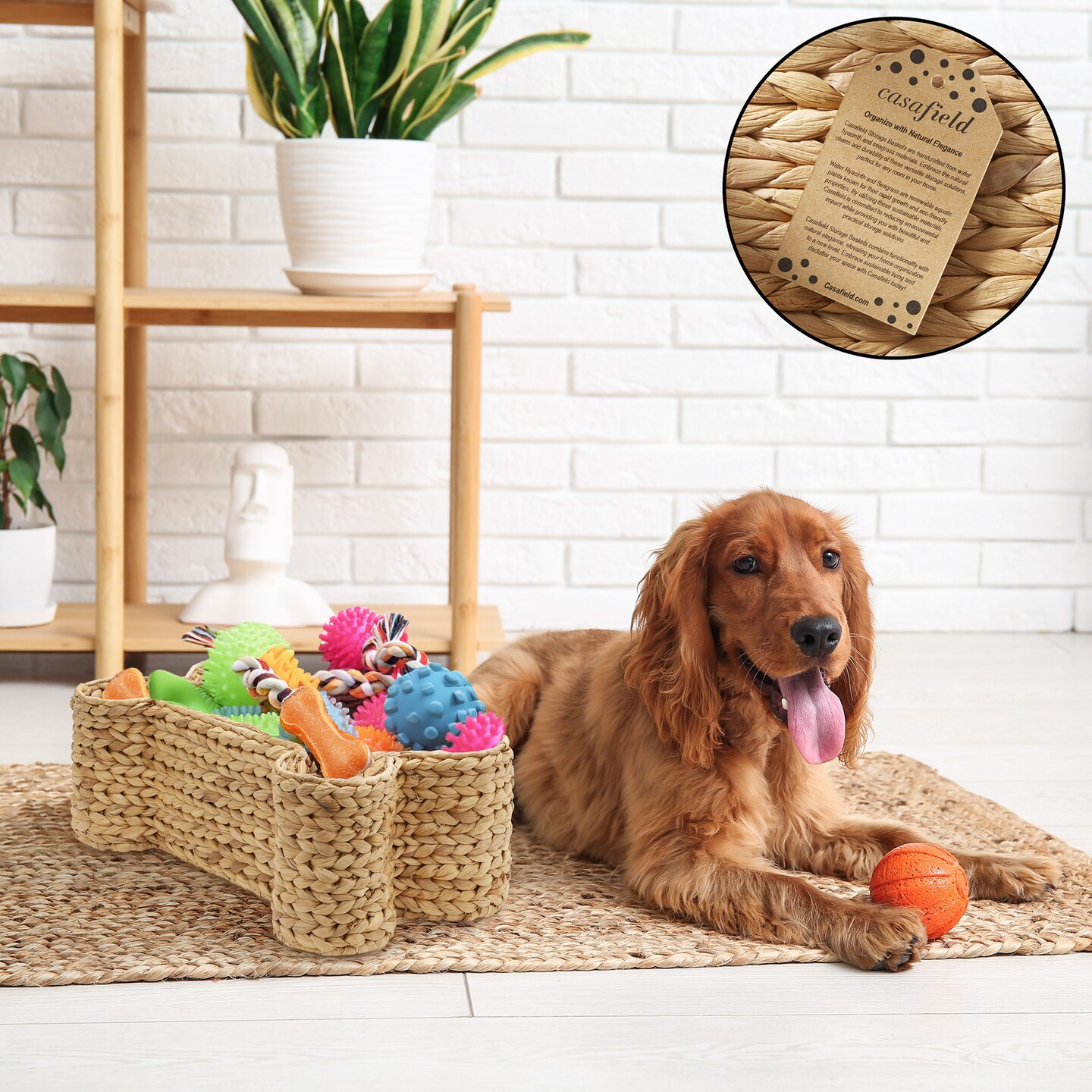 Casafield Dog Bone Shaped Storage Basket, Large Woven Water Hyacinth Pet Toy Organizer Bin