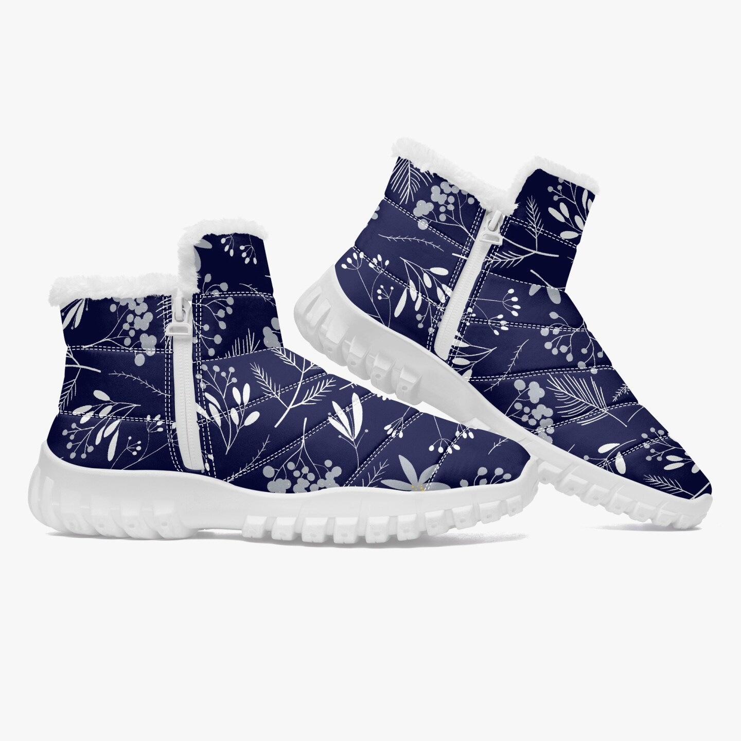 Unisex Winter Boots With Faux Fur Lining Winter Flowers On Dark Blue Double Zip Lightweight Comfortable Winter