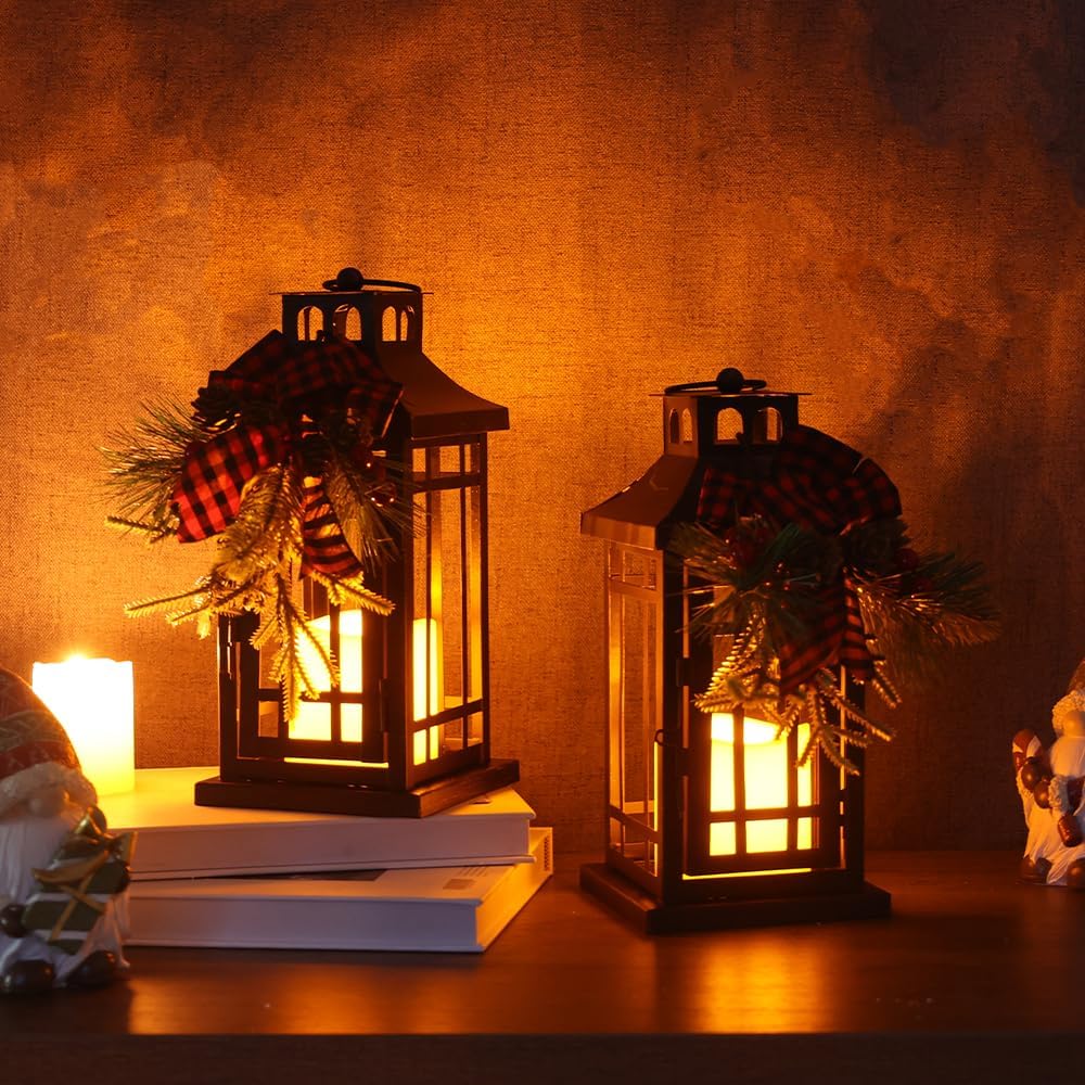 2Pack Christmas Decorations Indoor, Outdoor Christmas Led Lanterns Decorative for Table Centerpieces, Vintage Metal Hanging Candle Holder, Home Decor, Wedding, Party, Living Room, Patio, Porch