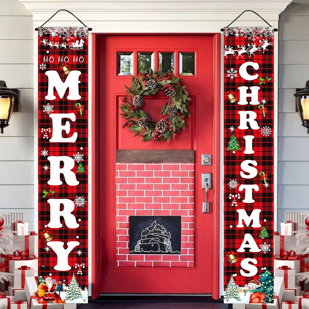 Christmas Decorations Red Black Buffalo Plaid Sign Set for Festival Merry Christmas Door Banner | Outdoor Yard &#x26; Front Porch | Indoor &#x26; Outdoor Xmas Decor for Home, Wall, Front Door, Yard, and Garage