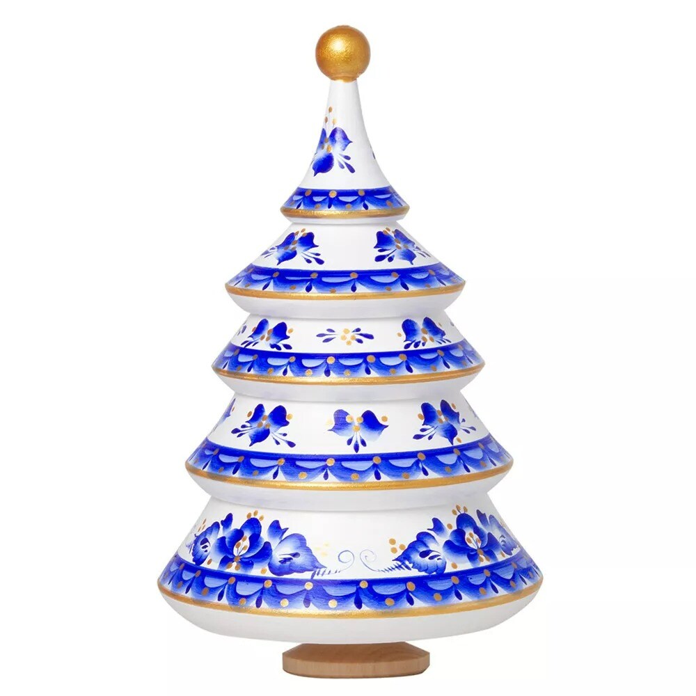 9" Wooden Musical Christmas Tree, Blue Music Box Russian Handmade