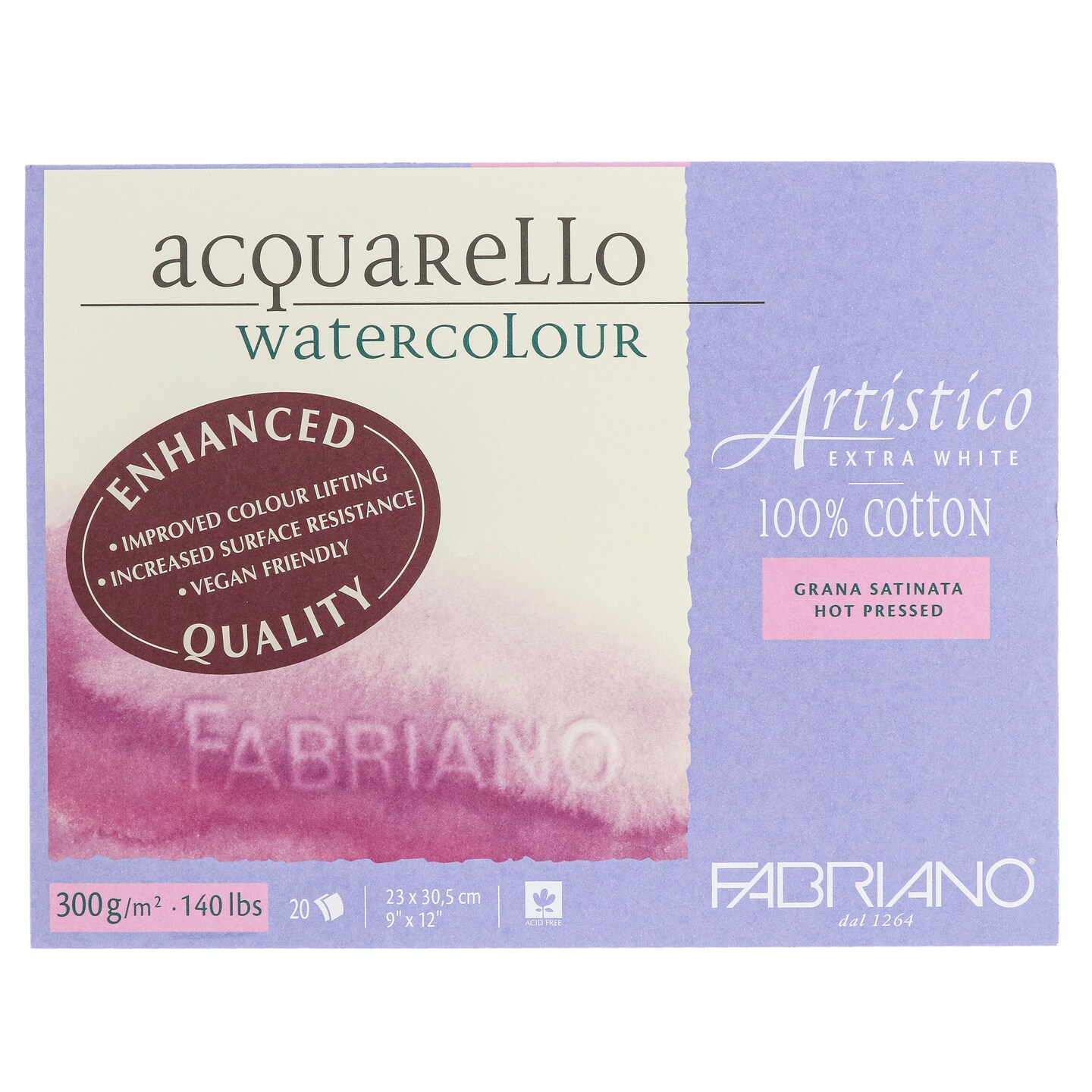 Fabriano Artistico Extra White Watercolor Block, 140 lb./300 gsm, Hot Press, 20 Sheets, 9&#x22; x 12&#x22;