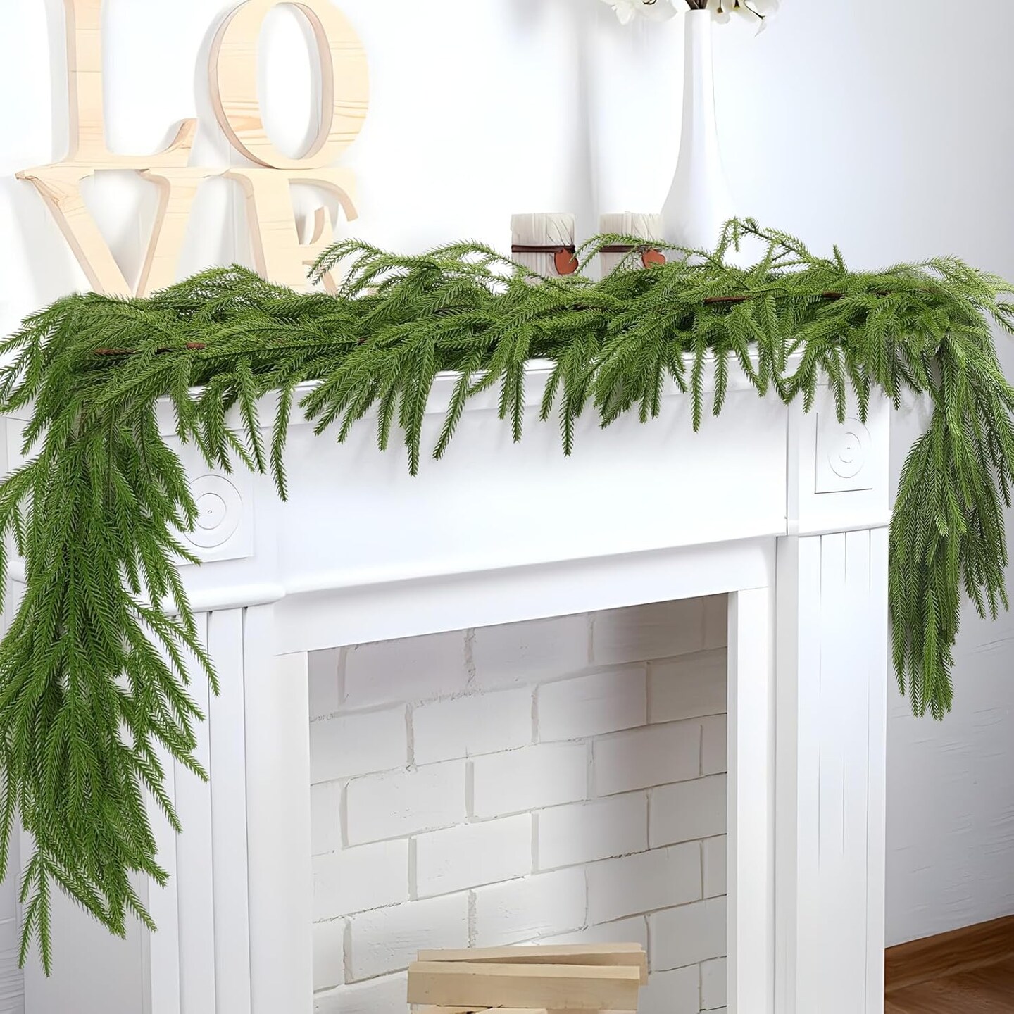 2 Pcs Artificial Norfolk Pine Garlands, Real Touch Winter Pine Garland, Green Artificial Greenery Garland for Table, Mantle, Wall, Indoor, Outdoor Christmas Decorations (2, 6 FT)