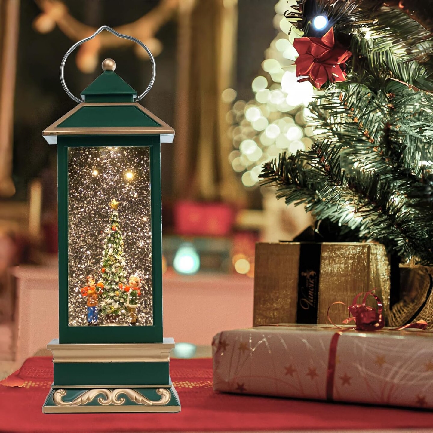 12&#x22; Christmas Snow Globe Lantern with Christmas Tree - Water Swirling Glitter LED Light Lantern with Music - Vintage Xmas Gifts - USB Plug or Battery Operated Home Decor (Christmas Tree)