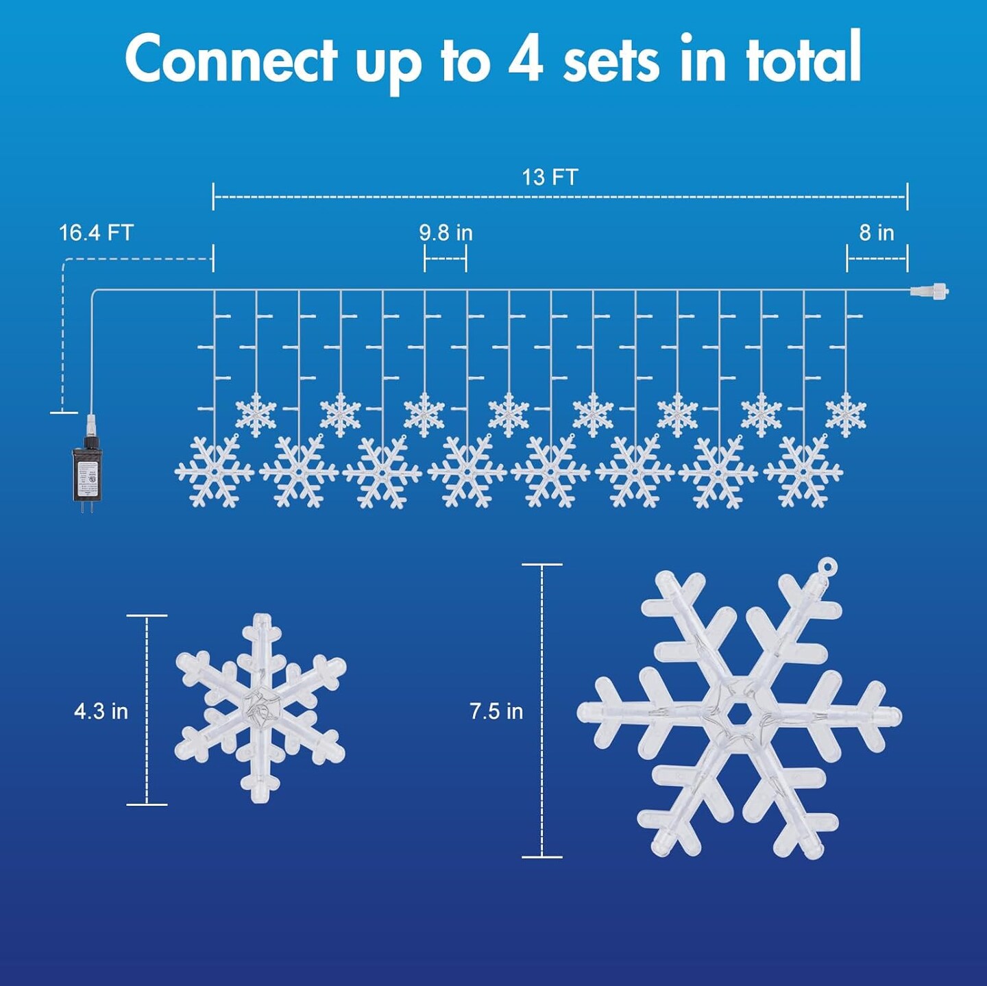 Christmas Snowflake Lights - 13ft 192LED Snowflake Icicle Lights with 16 Drops, 8 Modes and Timer, IP65 Waterproof Connectable Christmas Lights for House Eave Window Indoor Outdoor Decoration