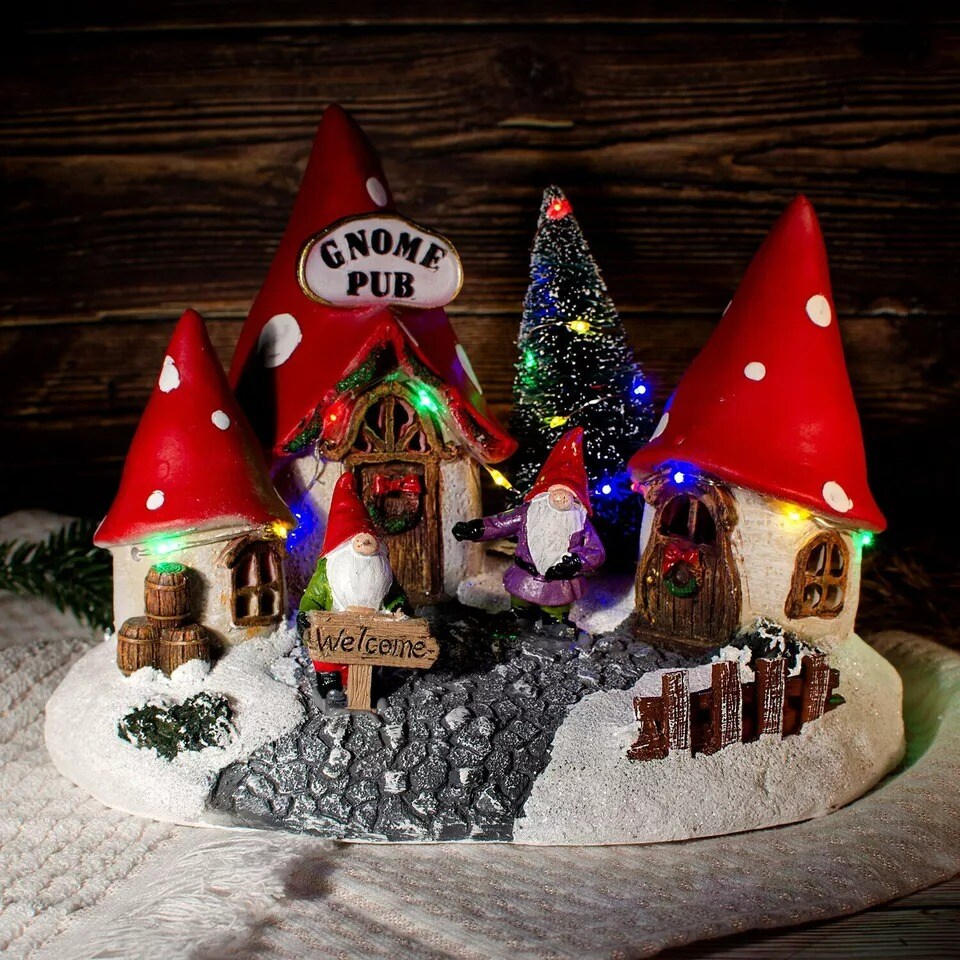 Amanita Mushroom Gnome Pub LED Christmas Decoration Winter Scene Holidays Decor