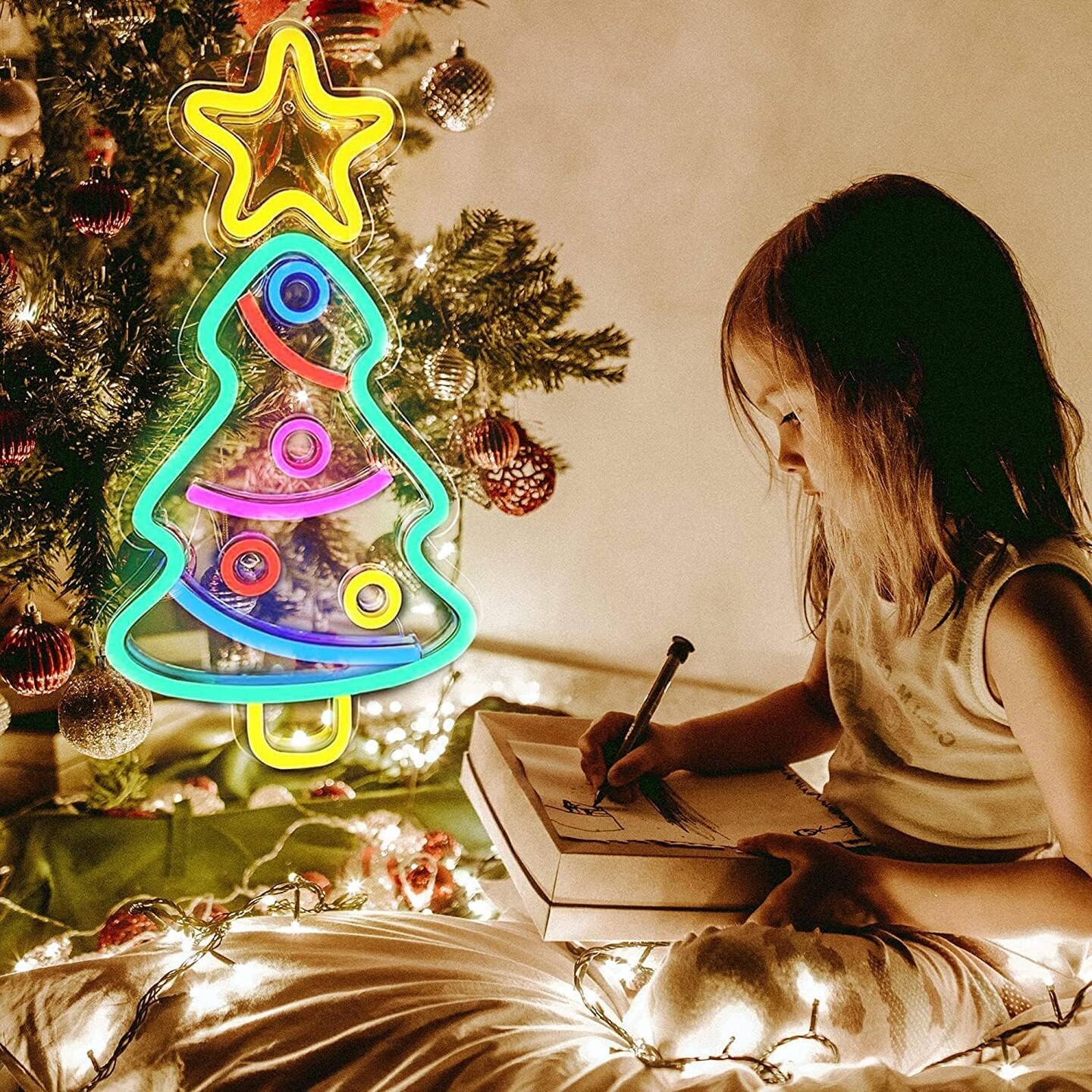 Christmas Tree Neon Sign, Xmas Trees LED Neon Lights Signs, Colorful Festival USB Powered Christmas Neon Sign with Switch for Home Wall Decor, Bedroom, Party, Shop Christmas Decorations