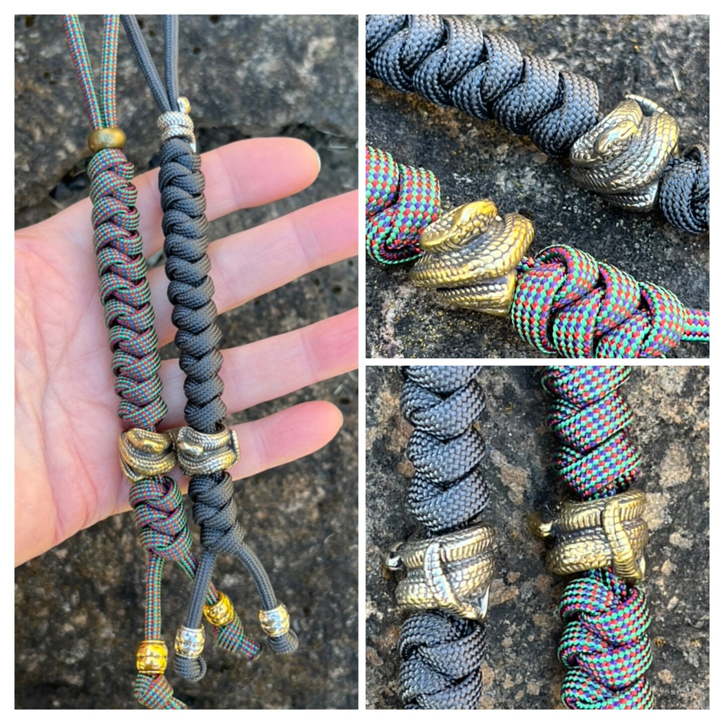 Large Snake Paracord Bead EDC Knife Lanyard. Handmade. Solid Metal Snake In White Or Yellow Brass. Snake Lover Gift. | MakerPlace By