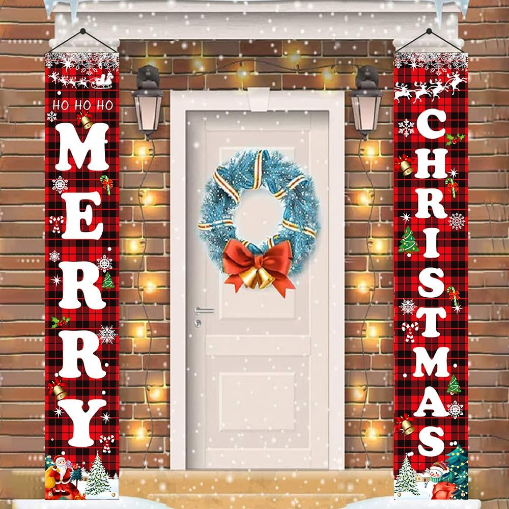 Christmas Decorations Red Black Buffalo Plaid Sign Set for Festival Merry Christmas Door Banner | Outdoor Yard &#x26; Front Porch | Indoor &#x26; Outdoor Xmas Decor for Home, Wall, Front Door, Yard, and Garage