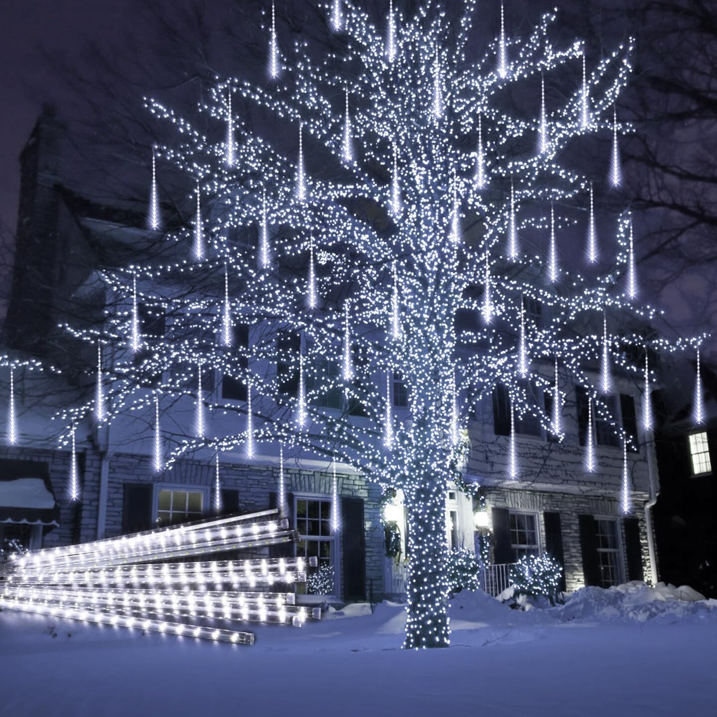 Meteor Shower Lights Outdoor White Christmas Lights 16 Inch 10 Tubes 360 LED Falling Rain Lights Waterproof Snowfall Dripping Icicle Lights for Xmas Tree Holiday Decoration Yard Porch Patio