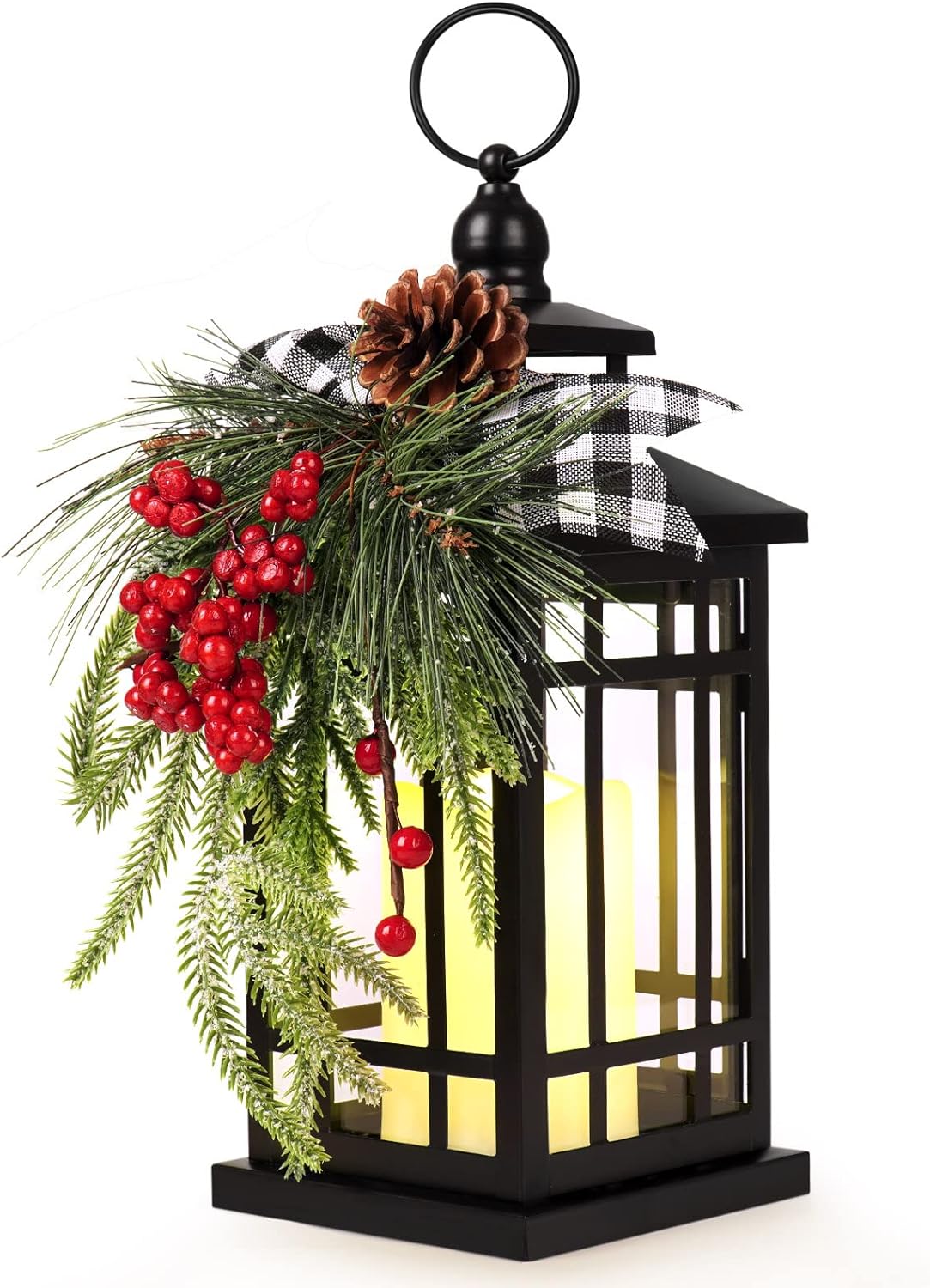 Metal Christmas Vintage Candle Lanterns with Led Light,Plaid Ribbon Decorative Hanging Lantern for Indoor Outdoor Decorations Party Gift,WOKEISE