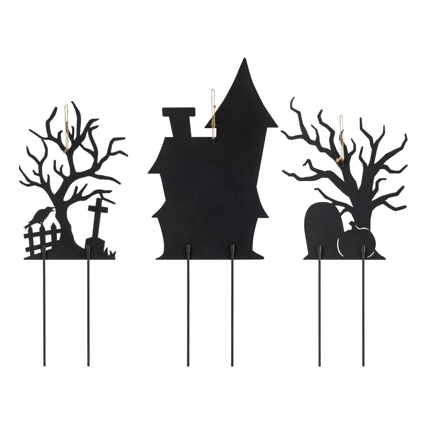 24&#x22;H Set of 3 Halloween Metal Silhouette Haunted House and Ghost Tree Yard Stake or Hanging Decor (KD, Two function)