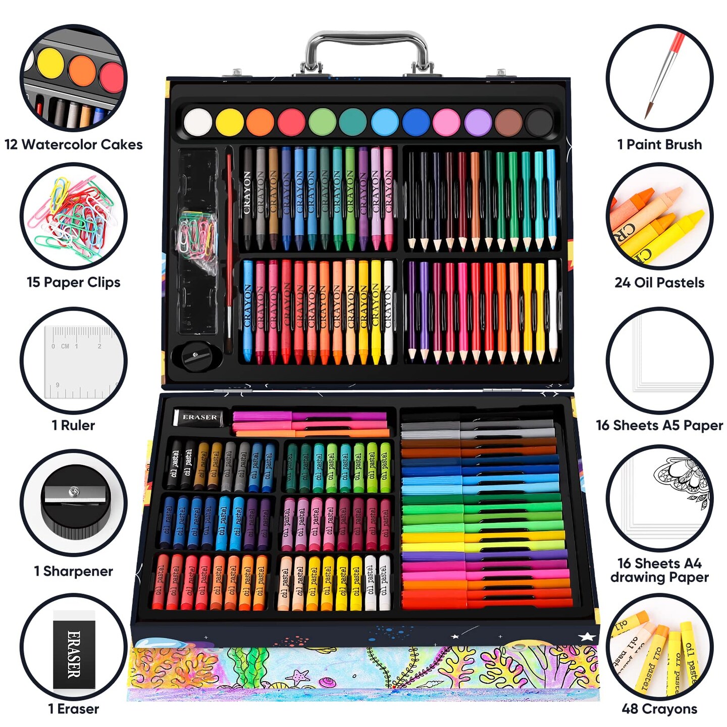 183-Pack Cute Preppy Stuff School Office Teacher Supplies: 48 ct Crayons, 24 Oil Pastels, 24 Drawing Pencils, Art Markers, Watercolor Cakes, Sketch Papers, Classroom Must Have, Stocking Stuff