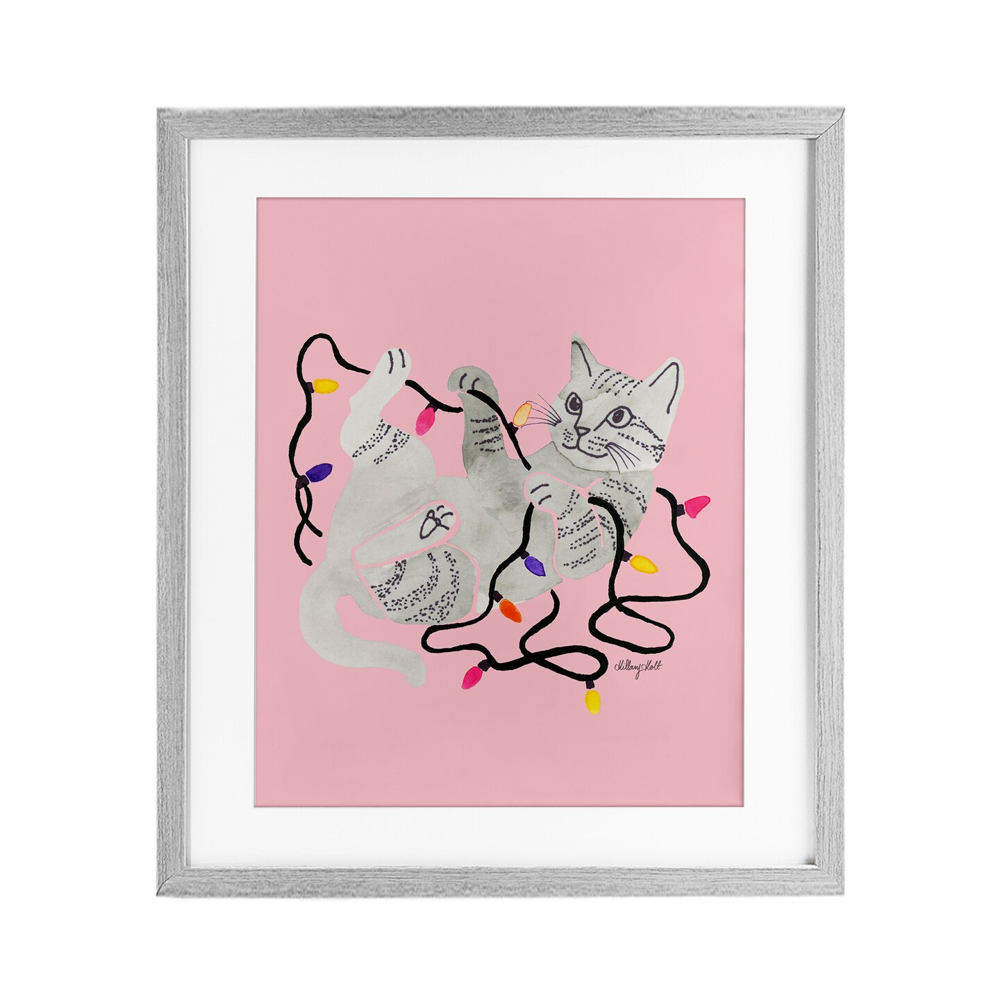 Stupell Industries Cat With Christmas Lights Pink Framed Print Under Glass, design by Hillary Holt