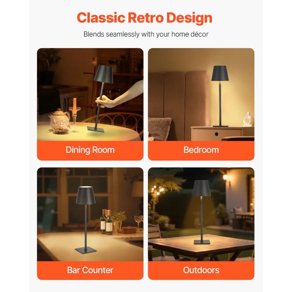 2 Pack Cordless Rechargeable Table Lamps Stepless Dimming 3 Color Temperature