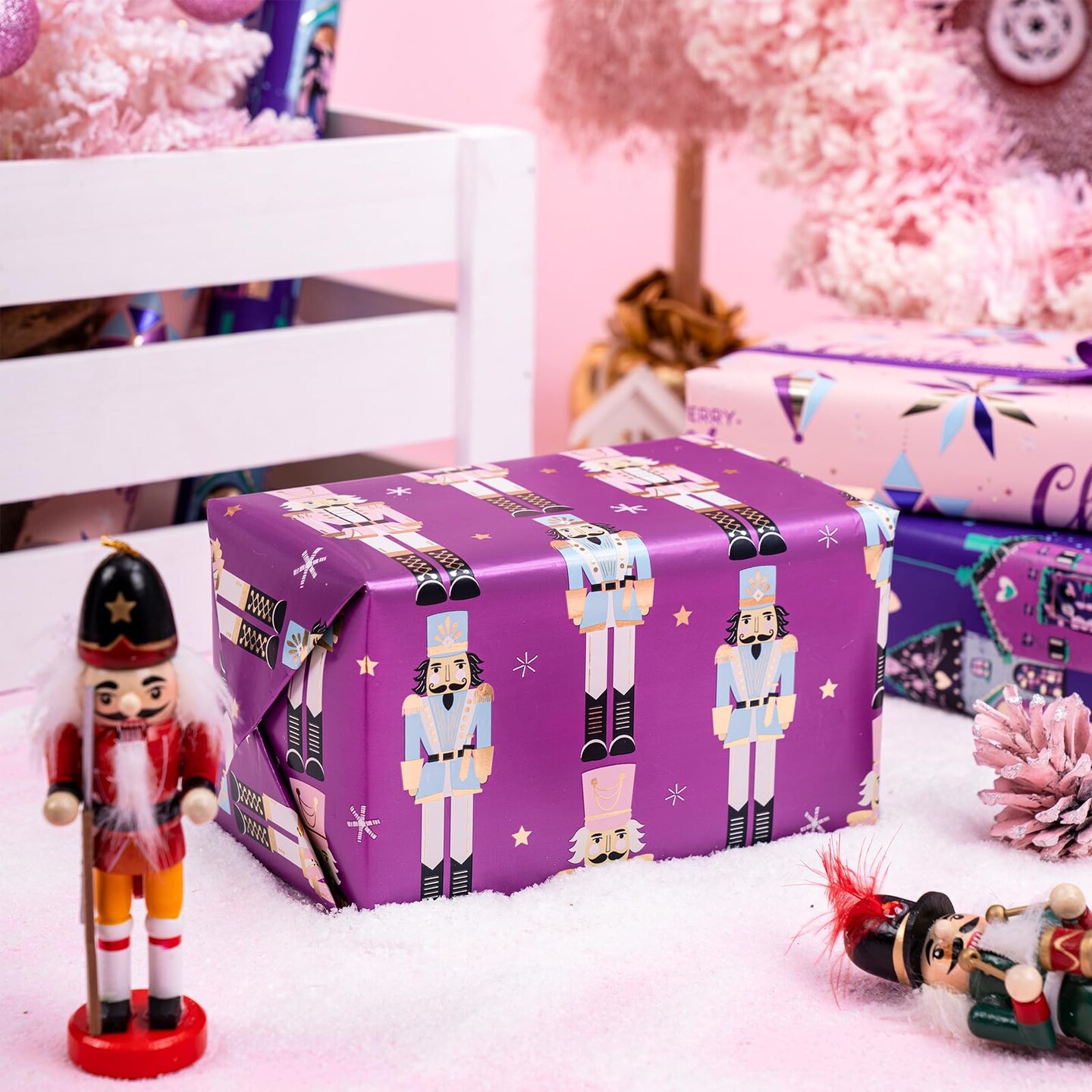 Christmas Wrapping Paper Roll - Mini Roll - 3 Rolls - 17 Inch X 120 Inch Per Roll - Pink and Purple Nutcracker, House Holiday Collection with Metallic Foil Shine