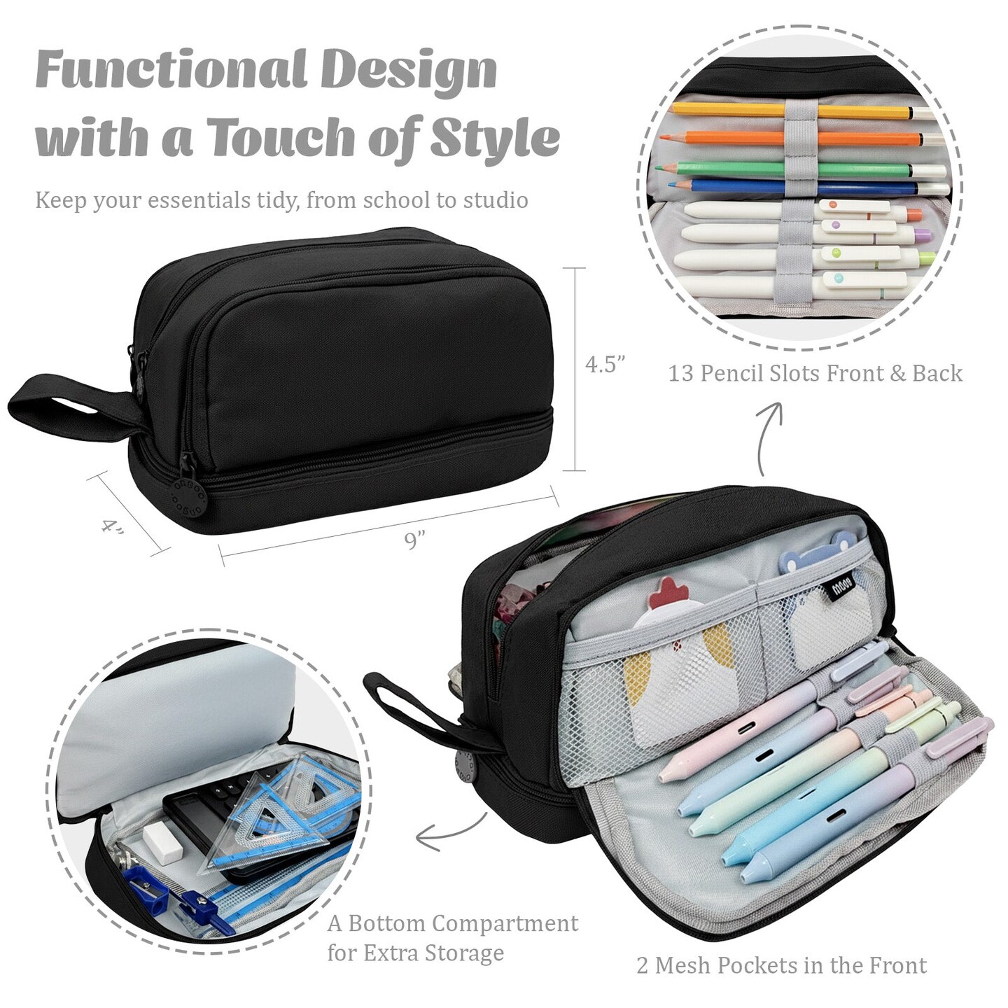 Wrapables 4 Compartment Large Capacity Pencil Case, Pencil Pouch for Stationery Tools, Black