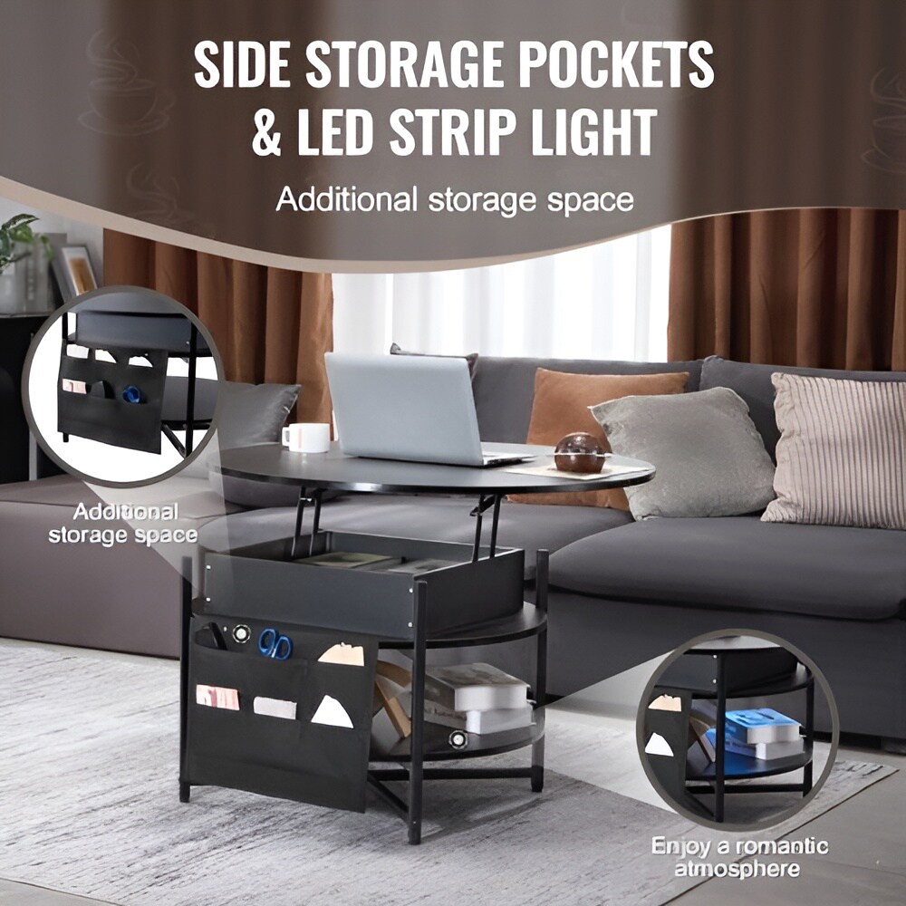 Lift Top Coffee Table 35 Inch Round Pop Up Table with Storage Pockets for Living Room