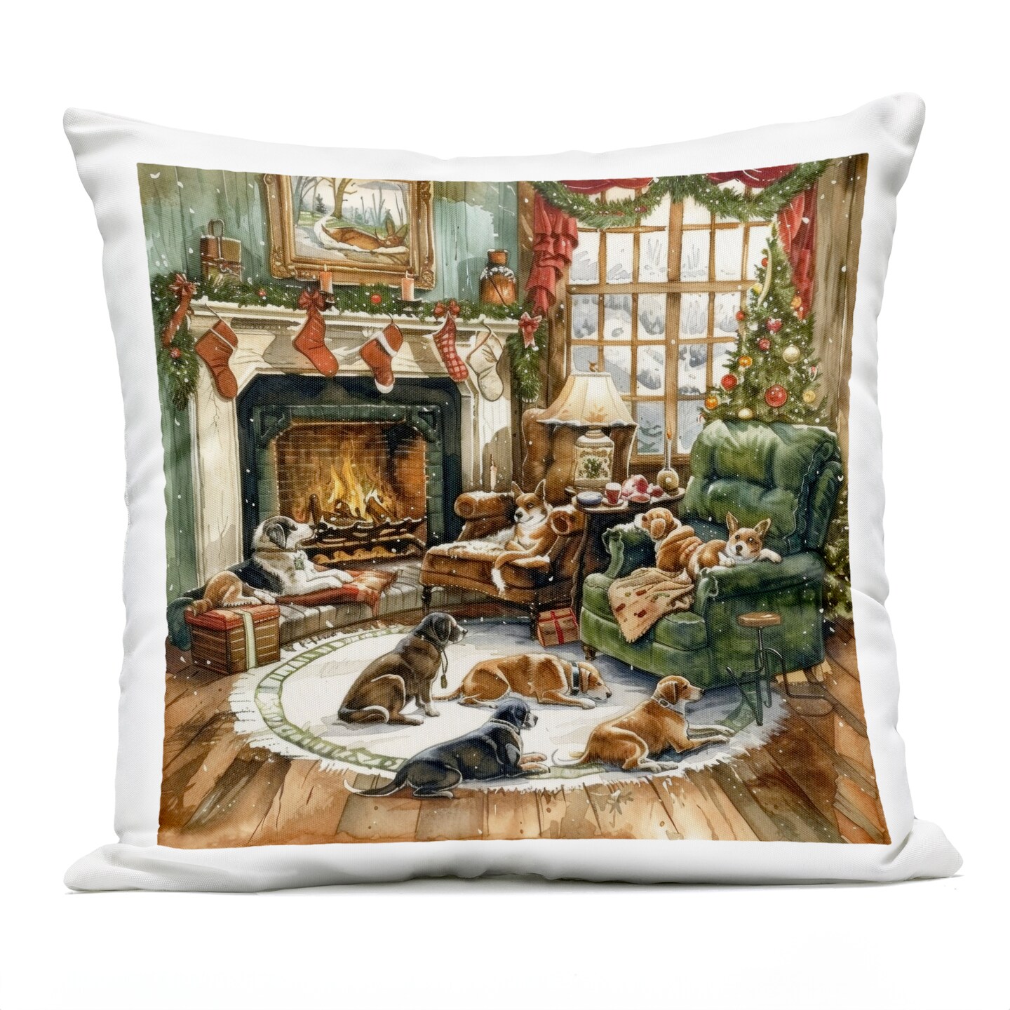 Stupell Industries Dogs Around Christmas Hearth Outdoor Printed Pillow, design by LSR Design Studio, 18 x 7 x 18