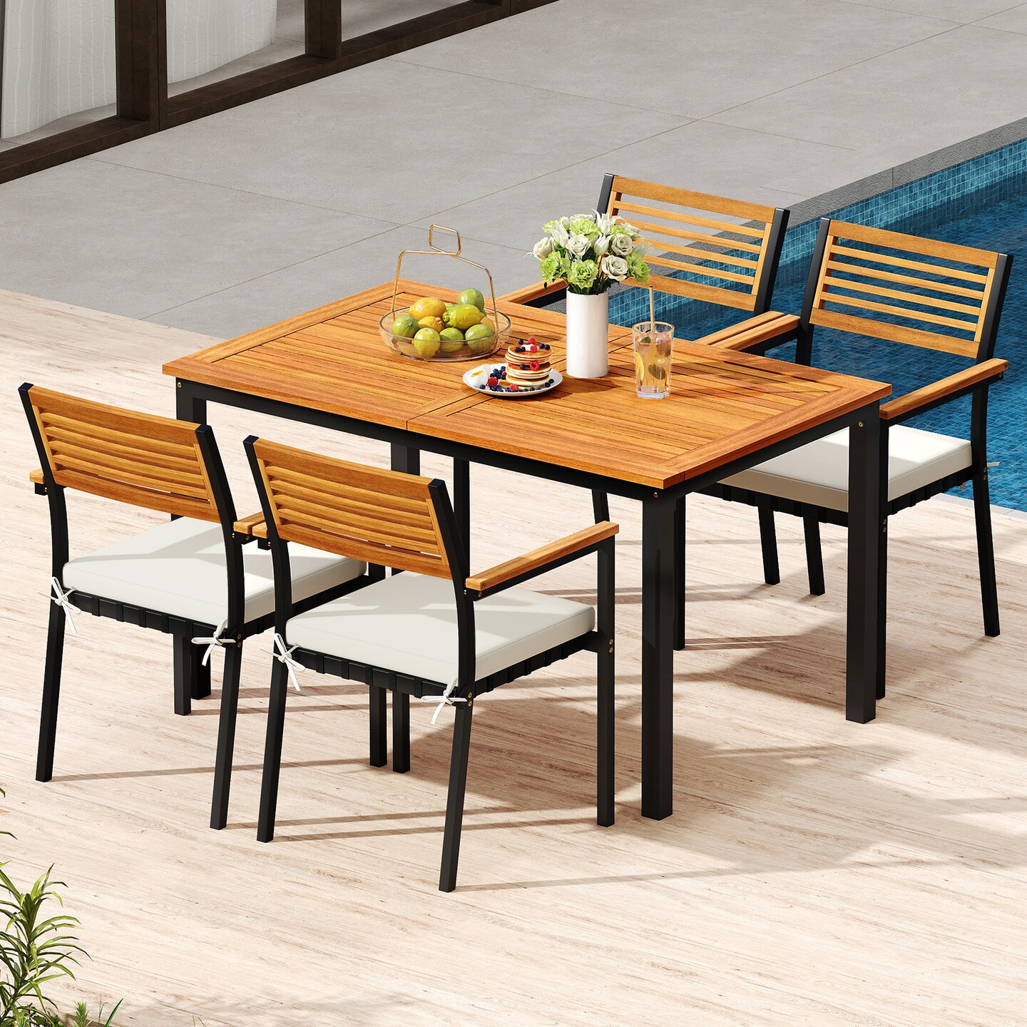 6-Seater Patio Dining Set with Adjustable Acacia Wood Table and Umbrella Hole Heavy Duty Chairs