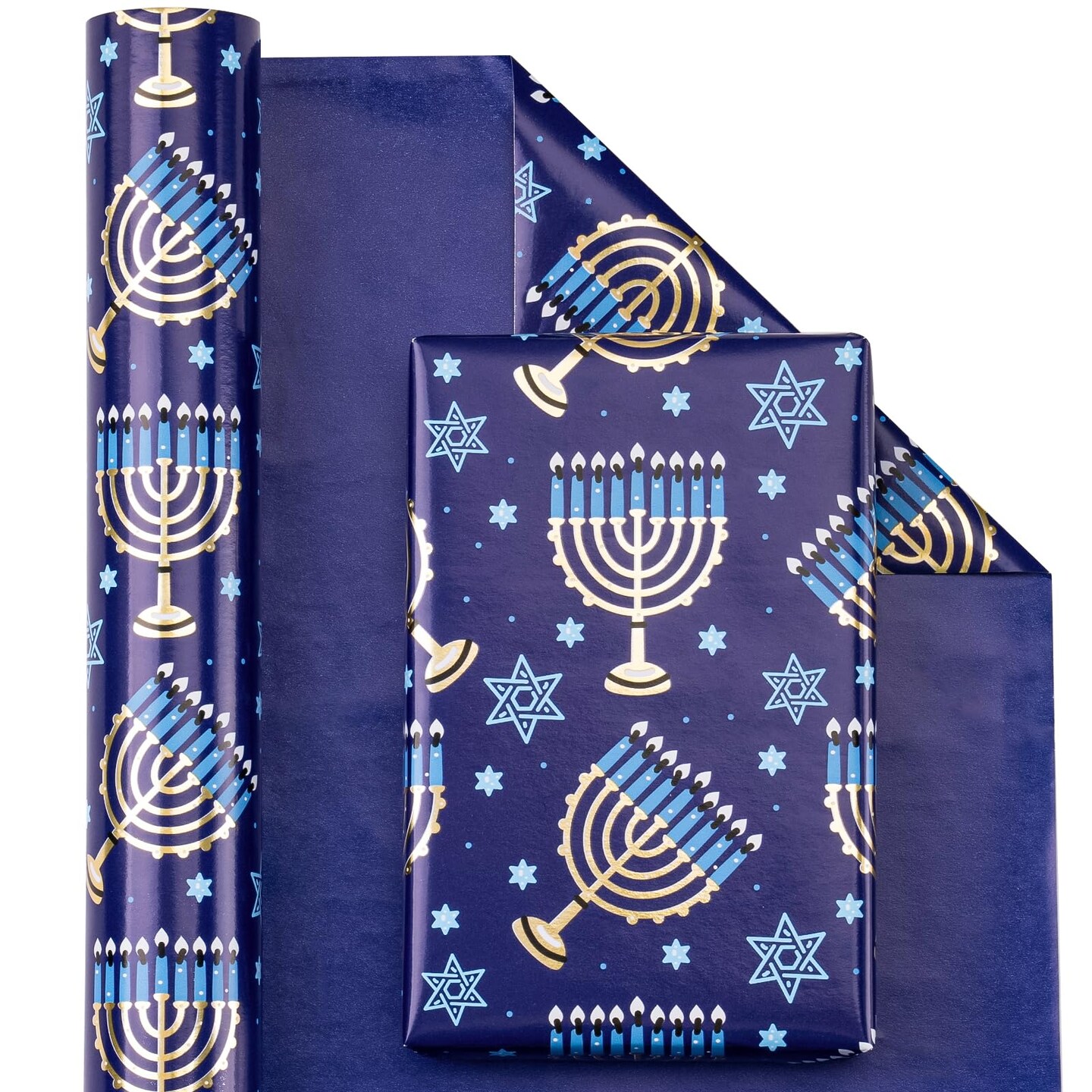 Reversible Hanukkah Wrapping Paper - Mini Roll - 17 Inch x 33 Feet - Blue Menorah Lights Chanukah Wrapping Paper Perfect for Hanukkah, Chanukah, Holiday