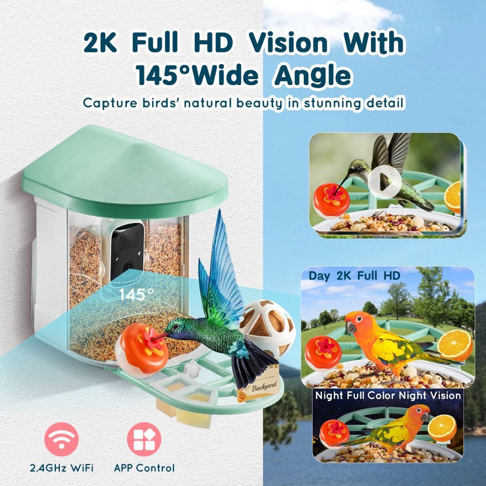 Solar AI Bird Feeder with 2K Camera, 2L Food Container and Night Vision